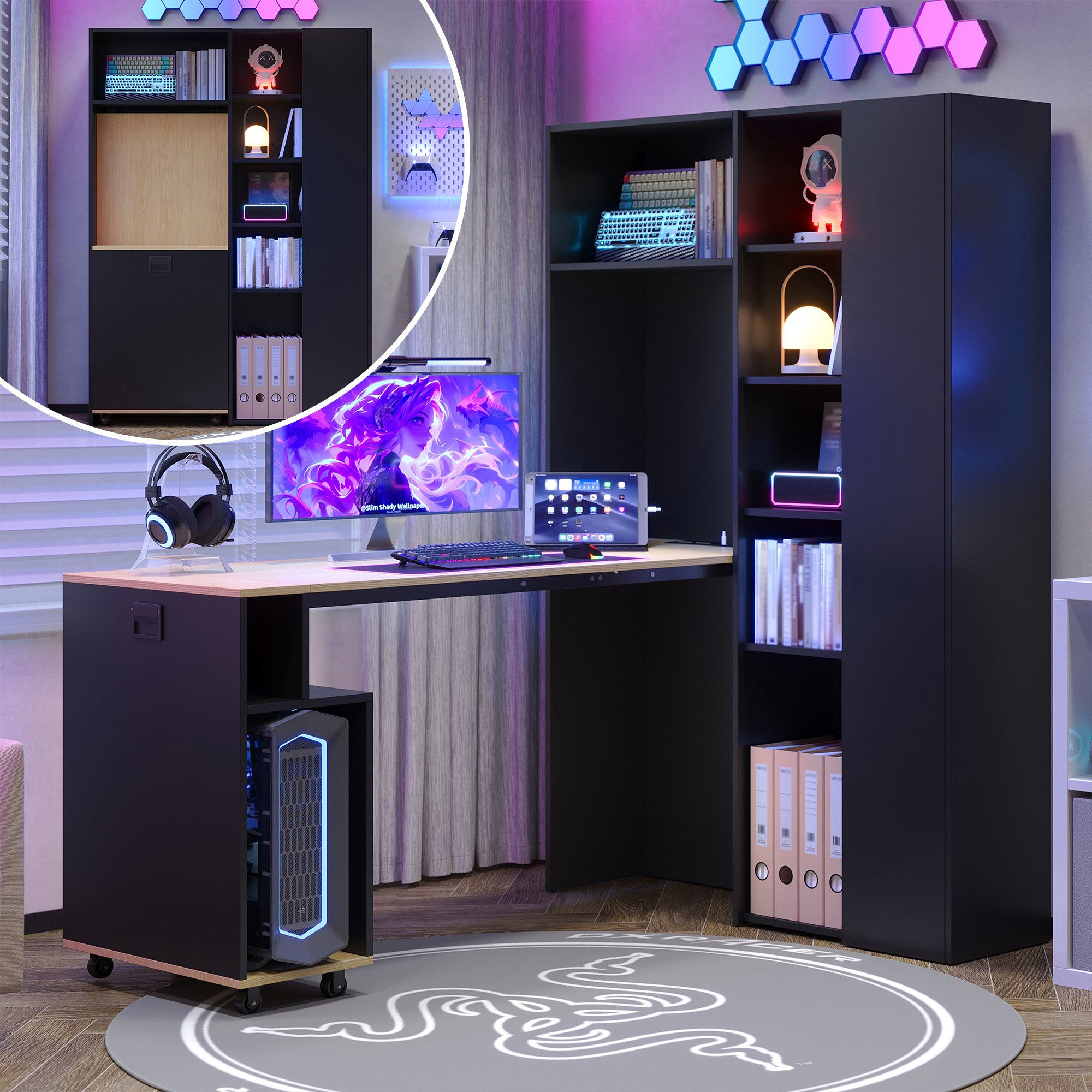 Flieks Regal-Schreibtisch Bücherregal mit Steckdose und USB-Anschluss inkl. ausziehbarer Tisch (1-St., Mehrzweckschrank mit verstellbar Einlegeböden, Holzoptik Tischplatte), 2-in-1 Hochschrank & klappbar Computertisch L-Form Bürotisch Schwarz