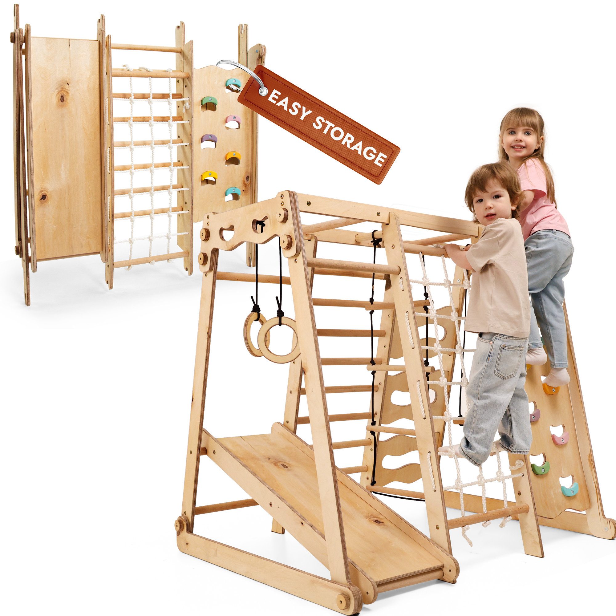 Goodevas Klettergerüst Multifunktionale Schwedenwand & Klettergerüst für Kinder, (Holz-Spielplatz mit Kletterbrett, Kletterseil, Kletterwand, Holzleiter, Rutschbrett, Schaukel, Strickleiter, Seilringe, Monkey bar, 9-St)