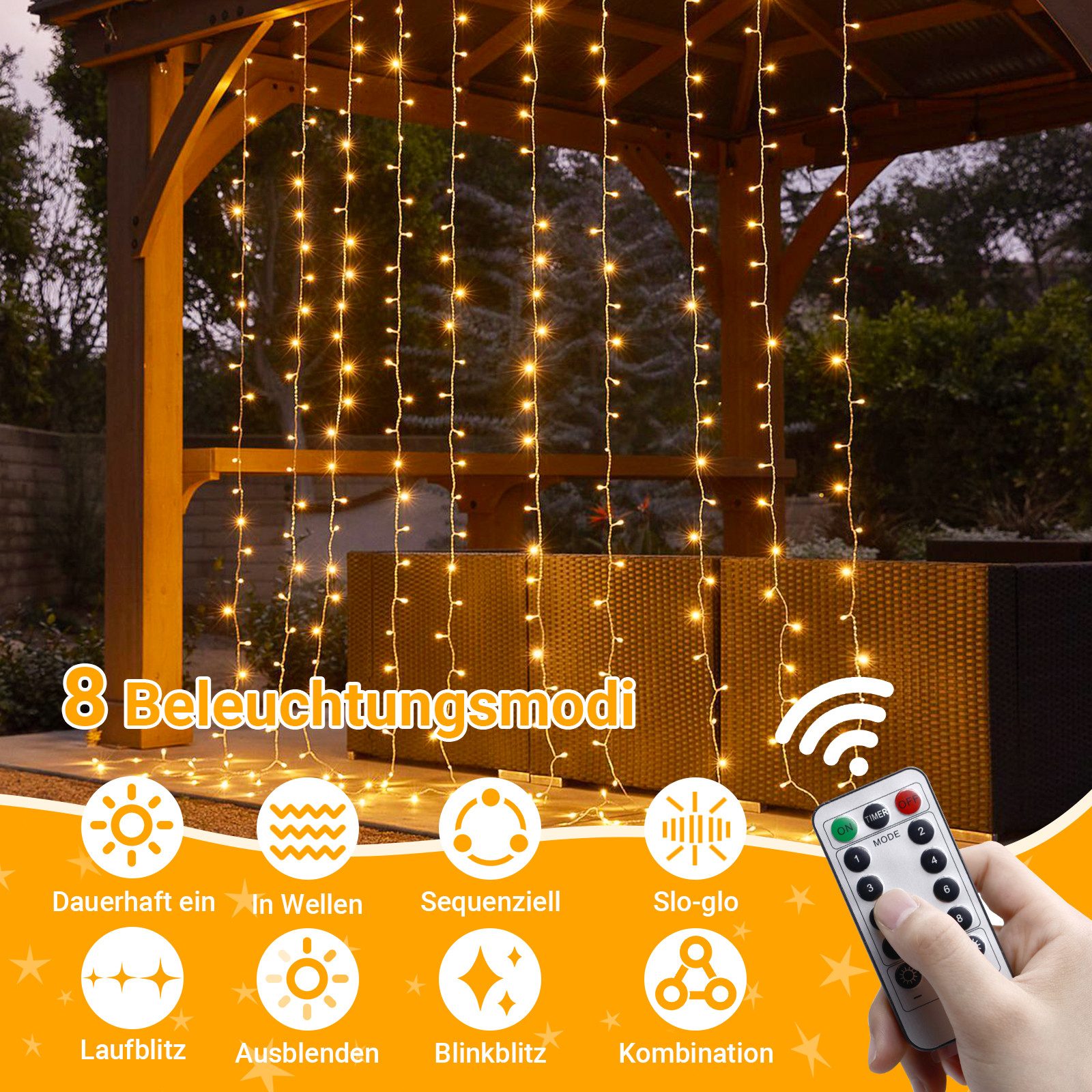MUPOO LED-Lichtervorhang LED Lichtervorhang für Schlafzimmer,USB/Timer,3x2M/3x3M, 8 Modi,LED Vorhang Lichterketten mit Fernbedienung
