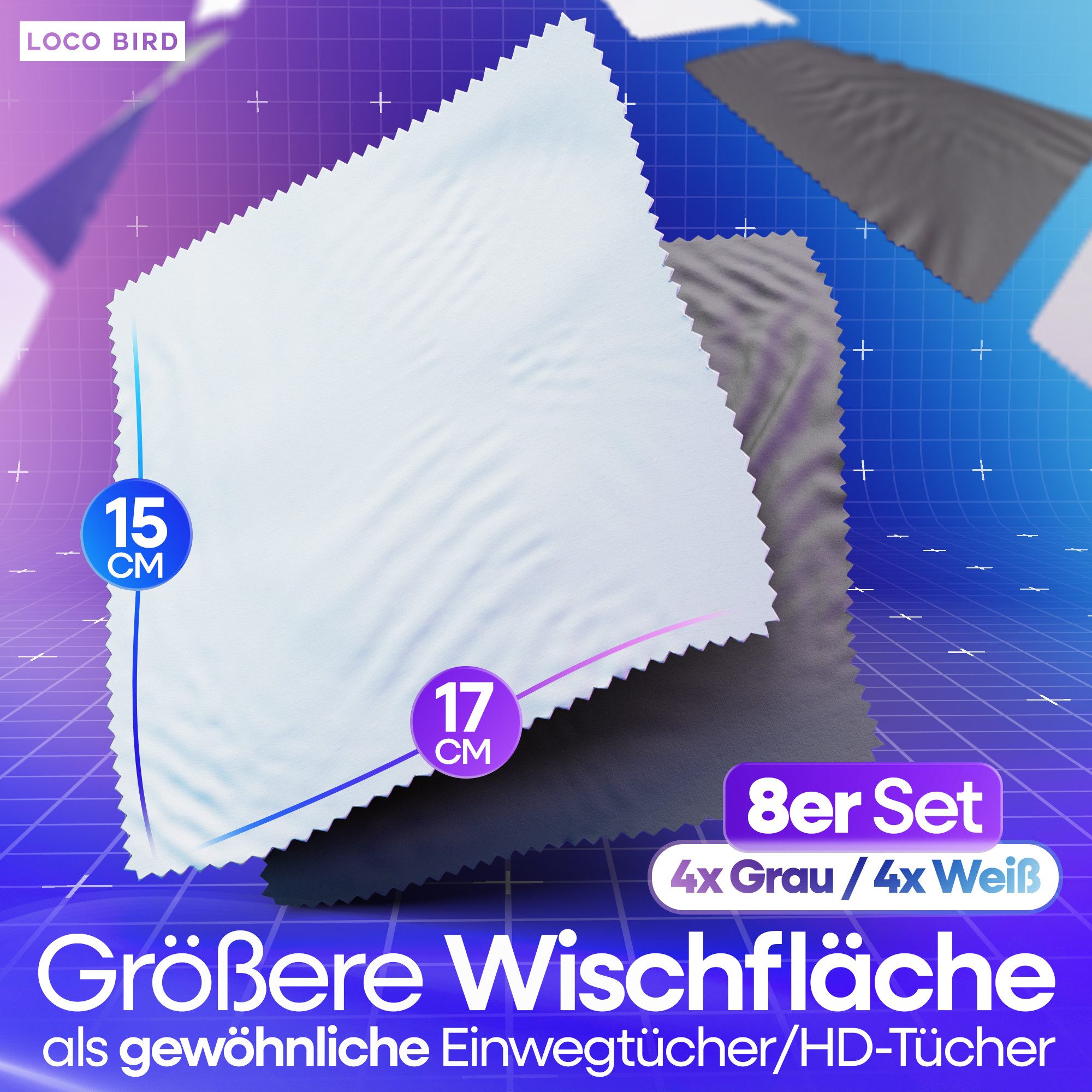 Loco Bird Brillenputztuch Microfaser in Optikerqualität - Brillenputztücher - Reinigungstücher (15x17 cm, - 8er Set, Brillentücher in Grau, Mikrofasertuch, Mikr – Bild 5 von 5