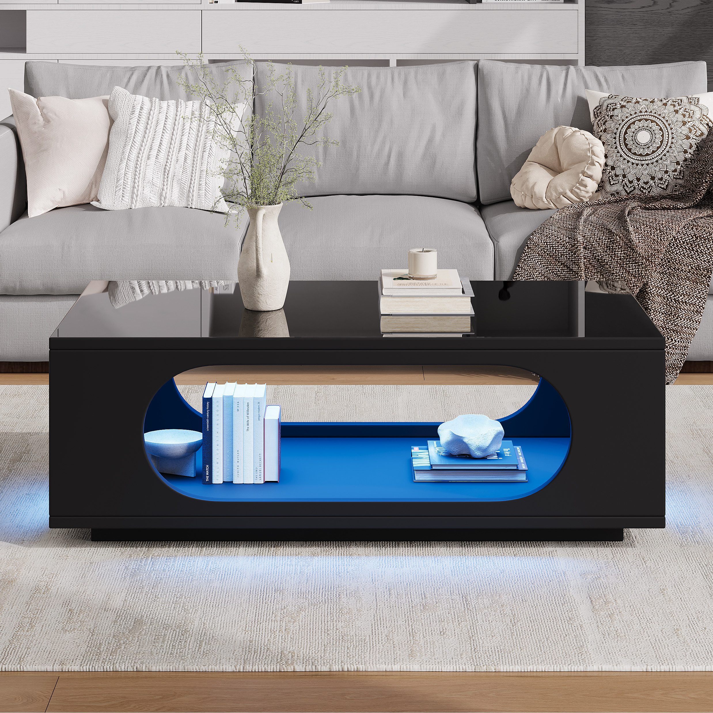 Merax Couchtisch hochglanz Sofatisch Beistelltisch mit LED-Beleuchtung & APP Steuerung (1-St), Wohnzimmertisch mit Stauraum und Kabelmanagement, 100x50x35cm
