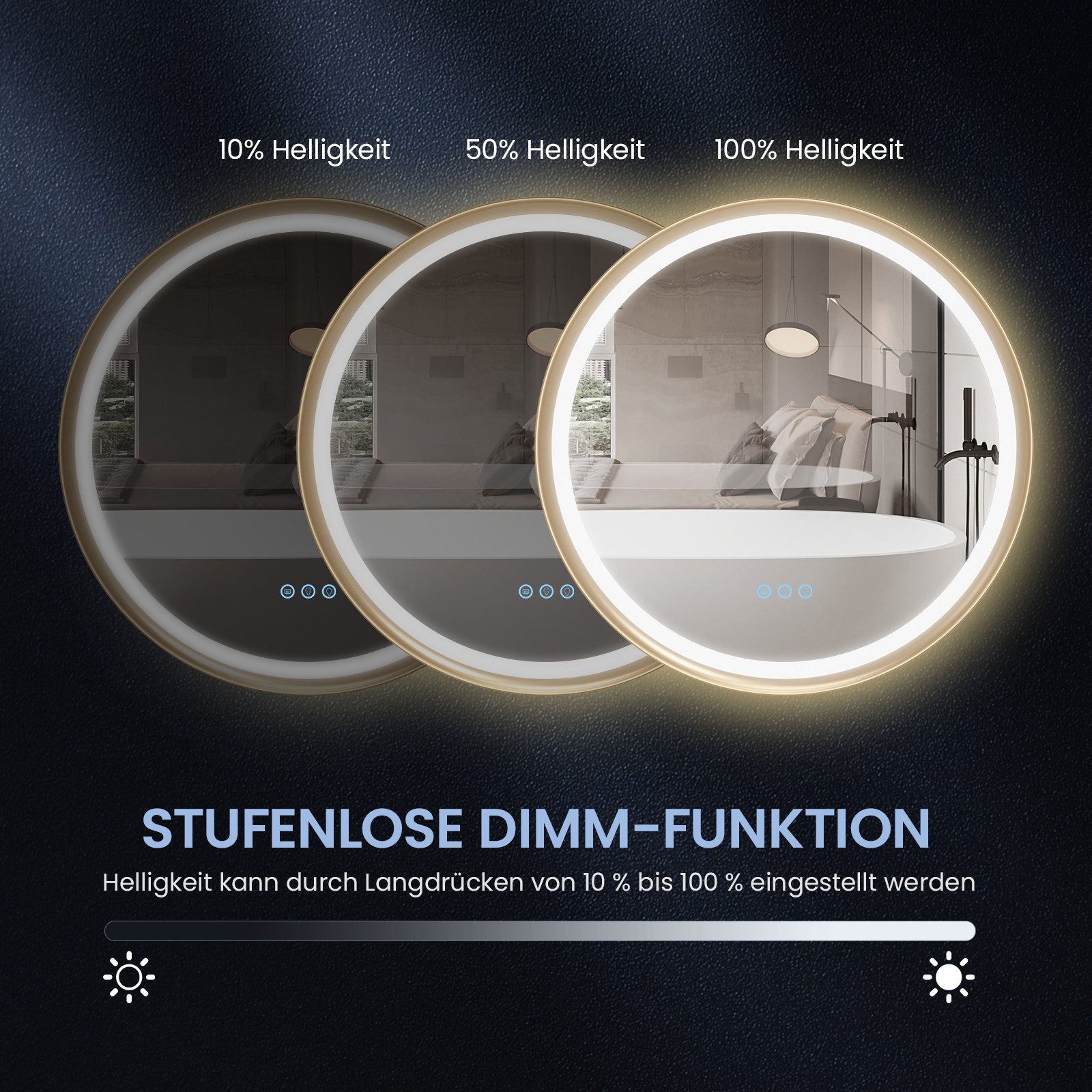 AQUALAVOS Rahmenspiegel-rund Badspiegel mit Beleuchtung Rund 60 cm Aluminiumrahmen Touch Schalter, LED Beleuchtung Dimmbar Kaltweiß & Warmweiß Touchschalter Alu – Bild 5 von 5