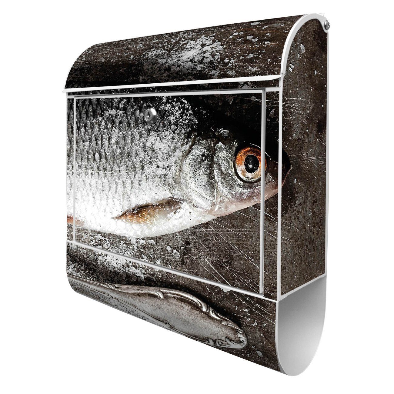 banjado Wandbriefkasten Stahl Fisch Und Salz (Wandbriefkasten witterungsbeständig, pulverbeschichtet, mit Zeitungsfach), 39 x 47 x 14cm weiß