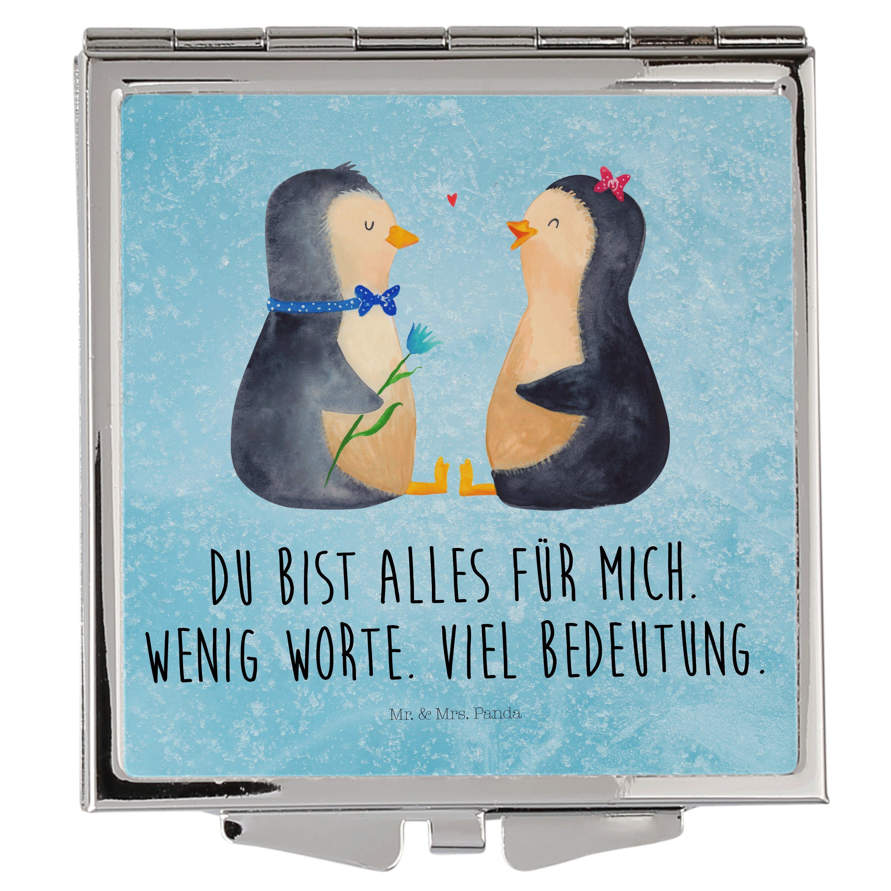 Mr. & Mrs. Panda Kosmetikspiegel Pinguin Pärchen - Eisblau - Geschenk, Schminkspiegel, schminken, silb (1-St)