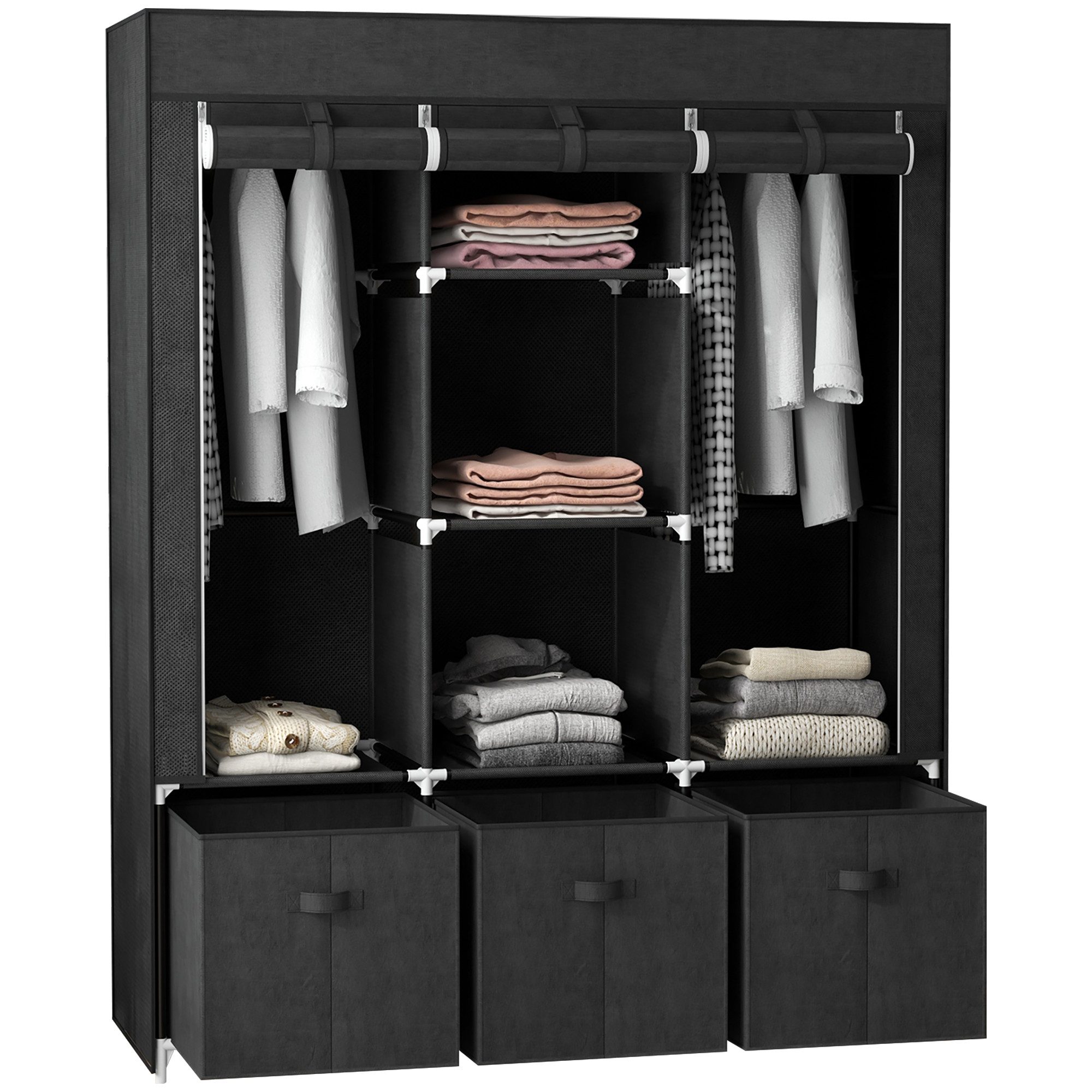HOMCOM Stoffschrank Kleiderschrank mit Kleiderstange, Schubladen, Reißverschluss (Faltbare Garderobe, 1-St., Faltschrank) Schwarz, 125 x 43 x 162,5 cm – Bild 2 von 5