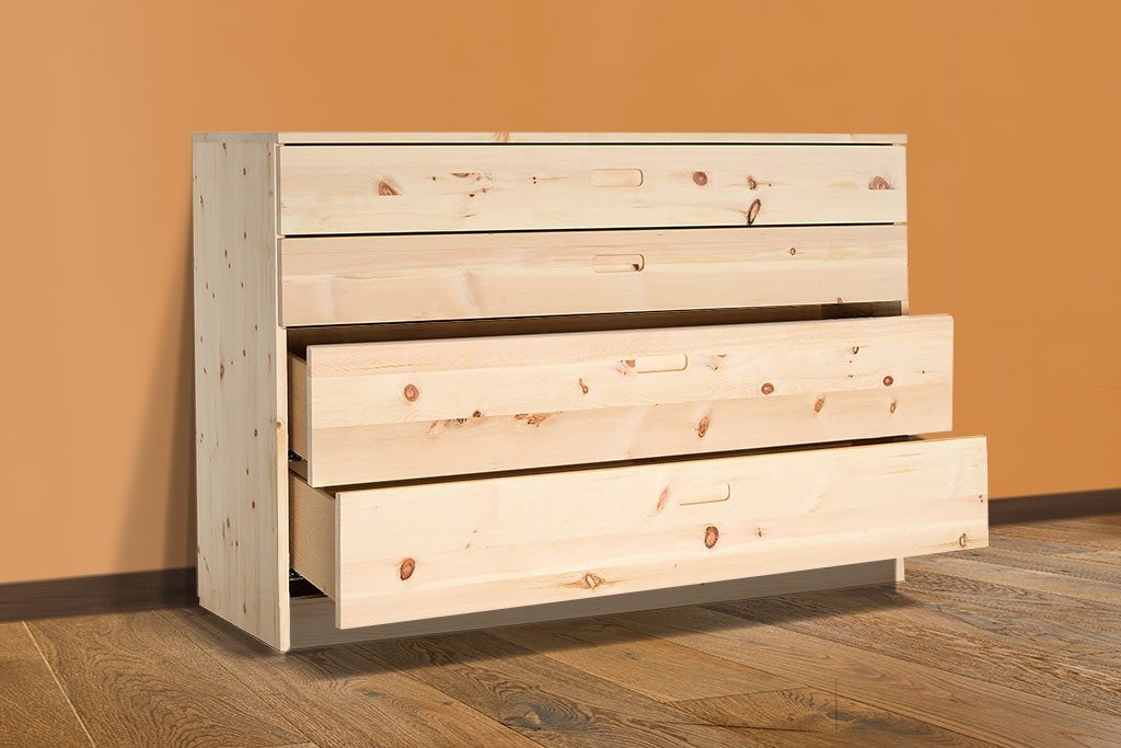 geborgenschlafen Schubkastenkommode Zirbe Massivholzkommode, Zirbenkommode – Holzkommode, Schubladen mit Soft-Close & Griffmulden, Handgefertigt in Deutschland