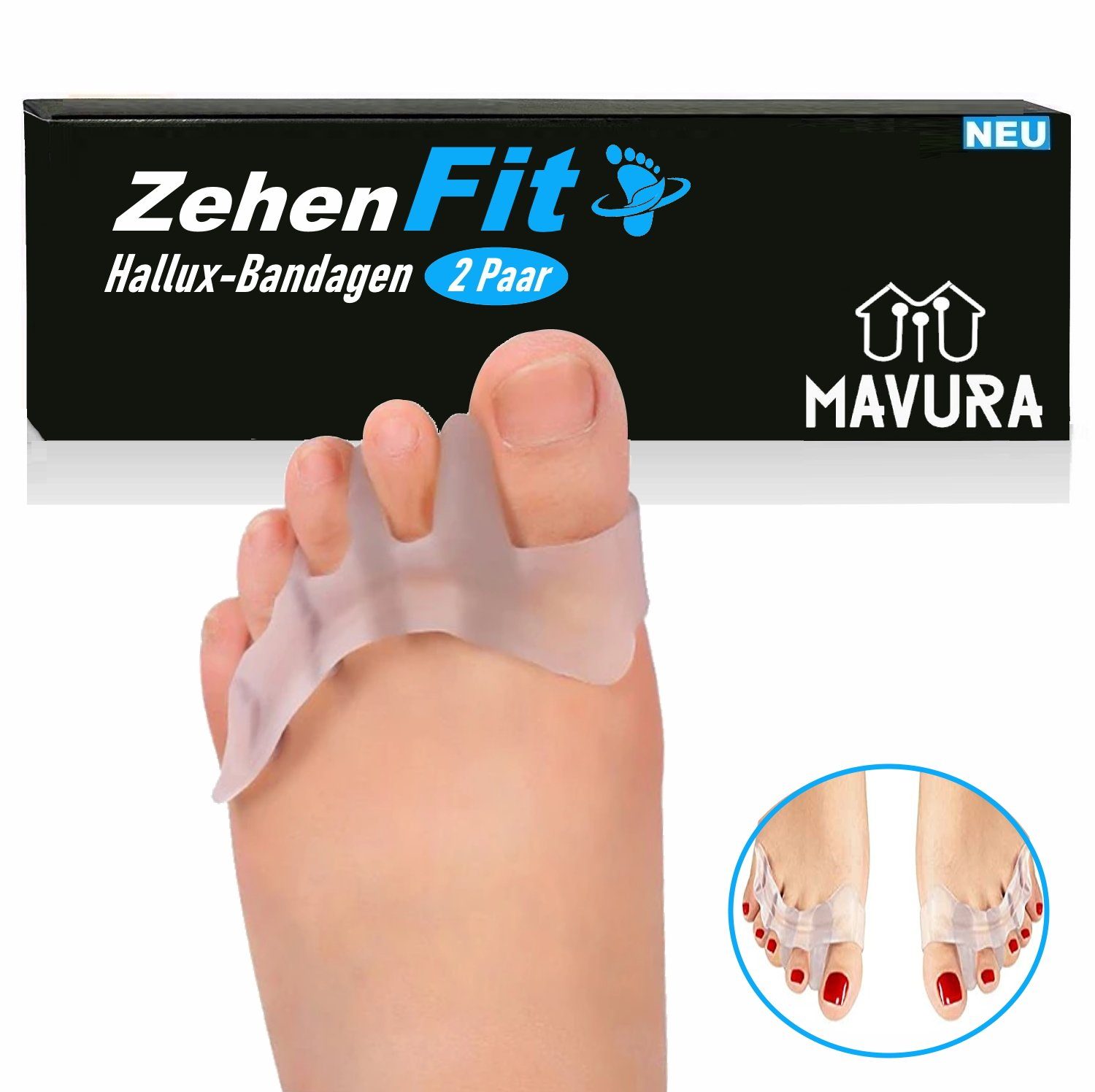 MAVURA Hallux-Bandage ZehenFit Zehenspreizer Zehentrenner Silikon Hallux Valgus, Zehen Trenner Spreizer, Korrektur Zehenbandage Zehenkorrektur [2 Paar]