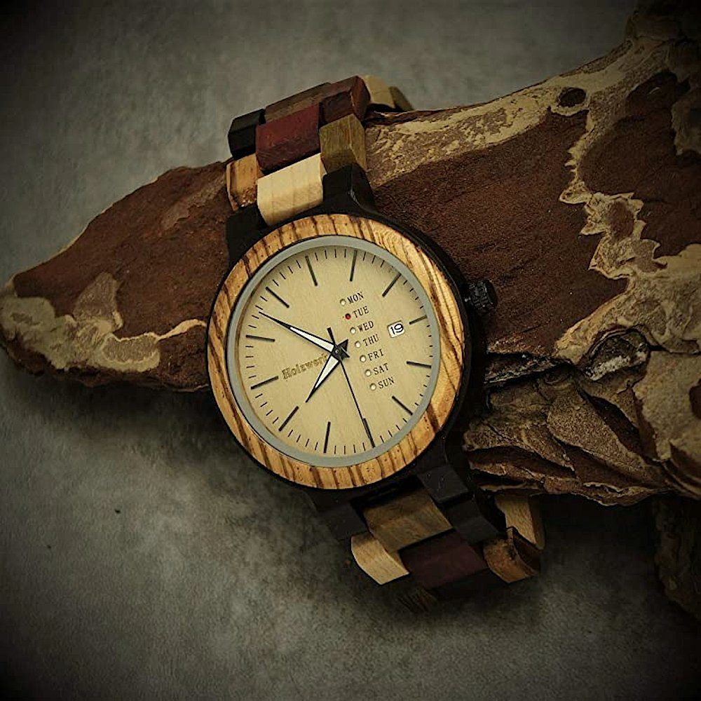 Holzwerk Quarzuhr NORDENHAM Damen beige Herren & braun, Uhr Holz Armband mit Datum