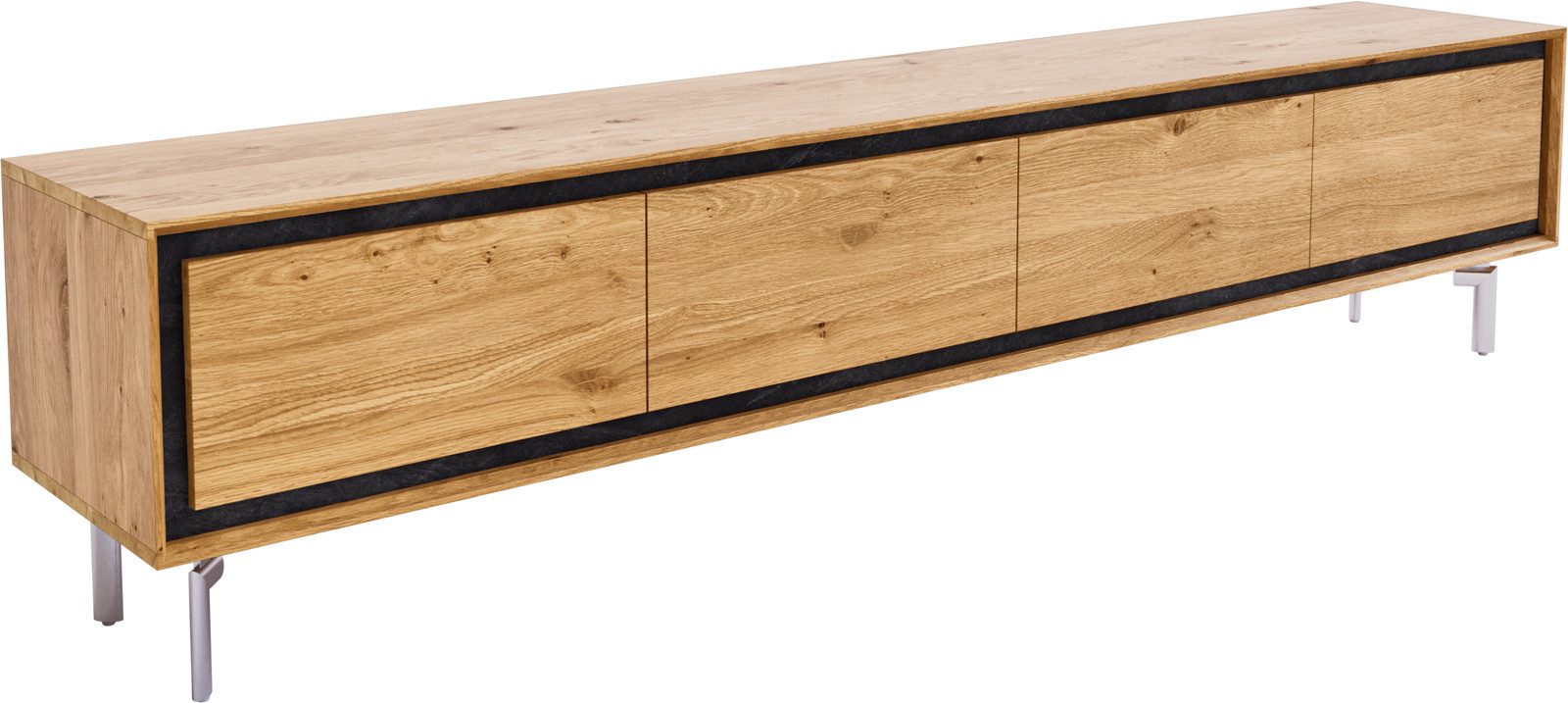 DELIFE Lowboard Stonegrace, Eiche Natur 200 cm 4 Türen Fuß Oval Edelstahl gebürstet Lowboard