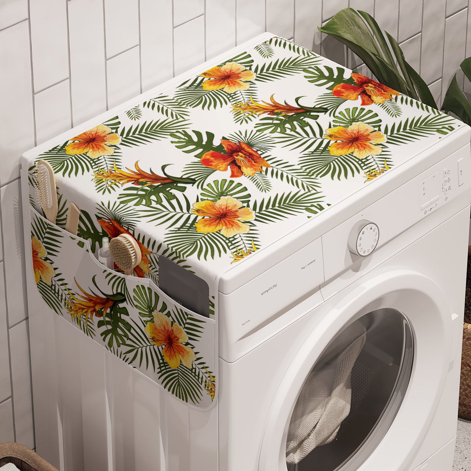Abakuhaus Badorganizer Anti-Rutsch-Stoffabdeckung für Waschmaschine und Trockner, Hibiskus Einfache Blumenpalmblätter