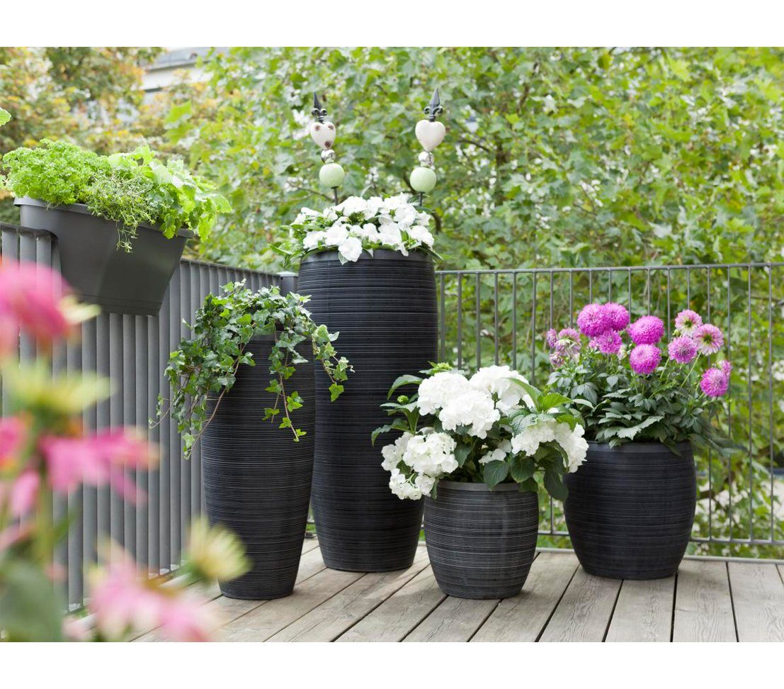 Dehner Übertopf Pflanzvase Singapur in Riffeloptik, Polystone, frostbeständiger, hoher Pflanztopf in modernem Design