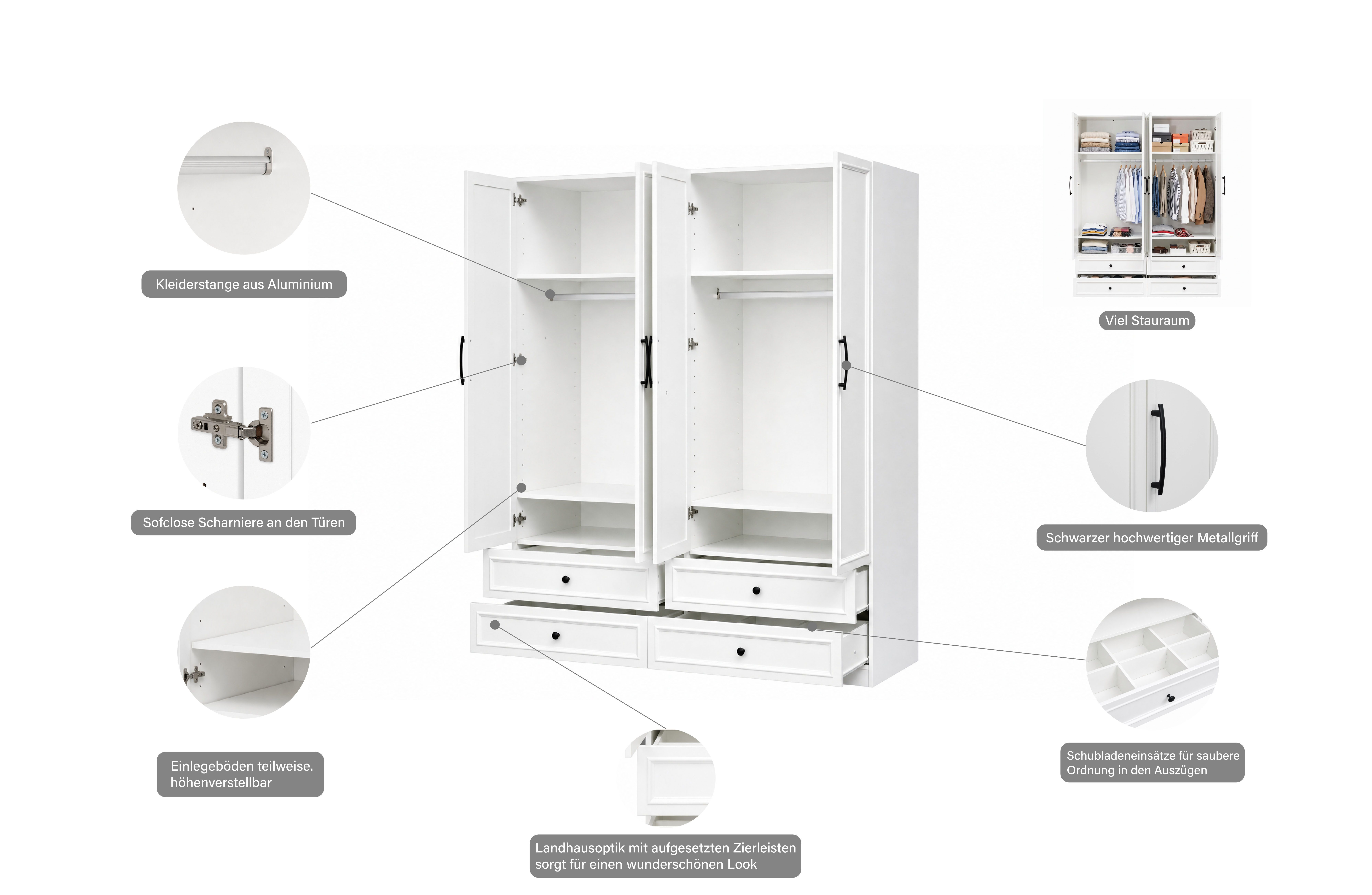OTTO home Kleiderschrank Arrian 160 cm Weiß, 4-türiger Drehtürenschrank im Landhausstil (mit 4 Schubladen & Gratis Organizern, FSC-zertifiziert) EXTRA VIEL PLAT – Bild 3 von 5