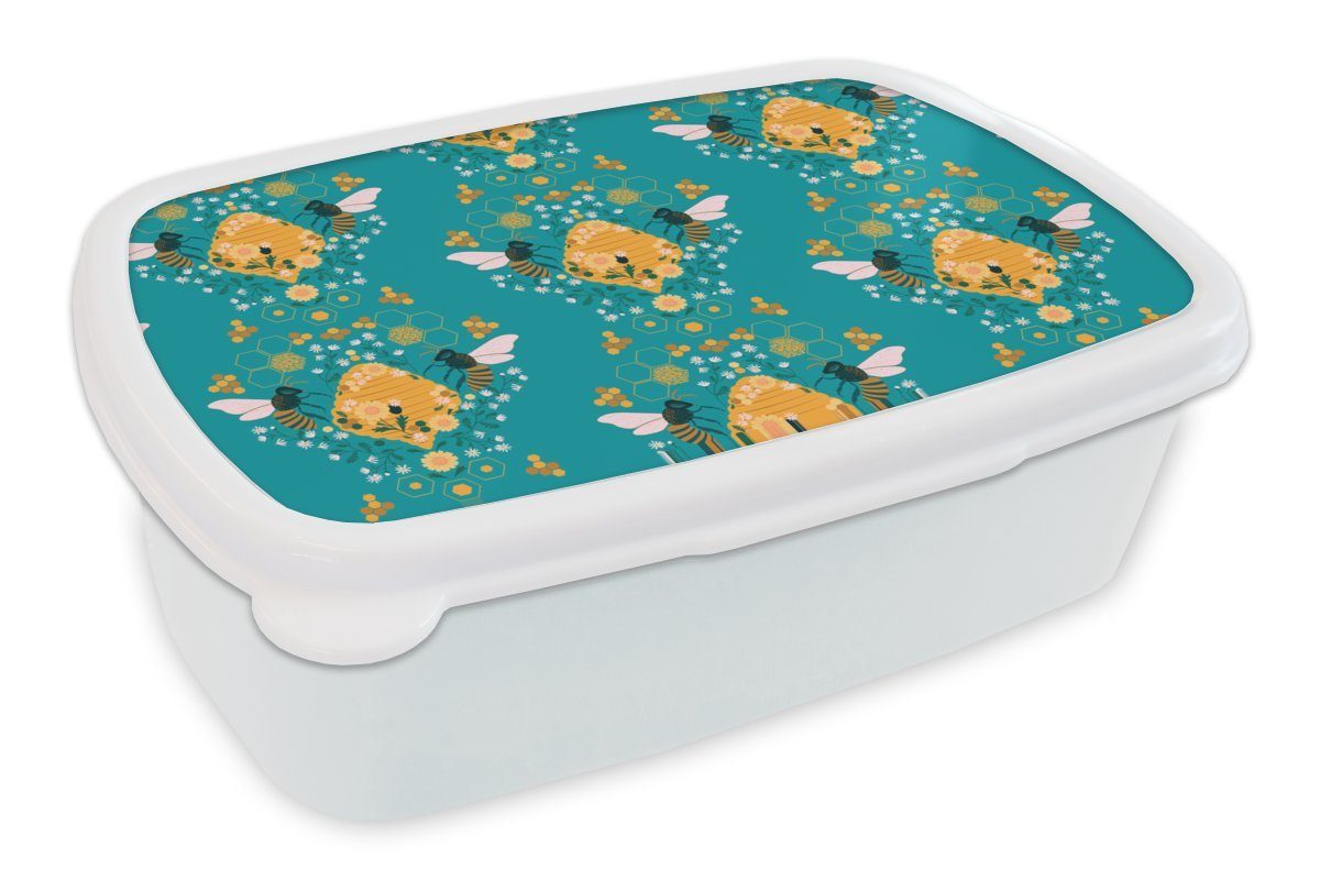 MuchoWow Lunchbox Biene - Bienenstock - Muster, Kunststoff, (2-tlg), Brotbox für Kinder und Erwachsene, Brotdose, für Jungs und Mädchen weiß