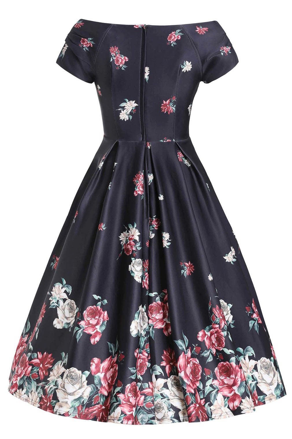 Dolly and Dotty A-Linien-Kleid Lily Black Falling Rose Off-Shoulder Vintage Retro