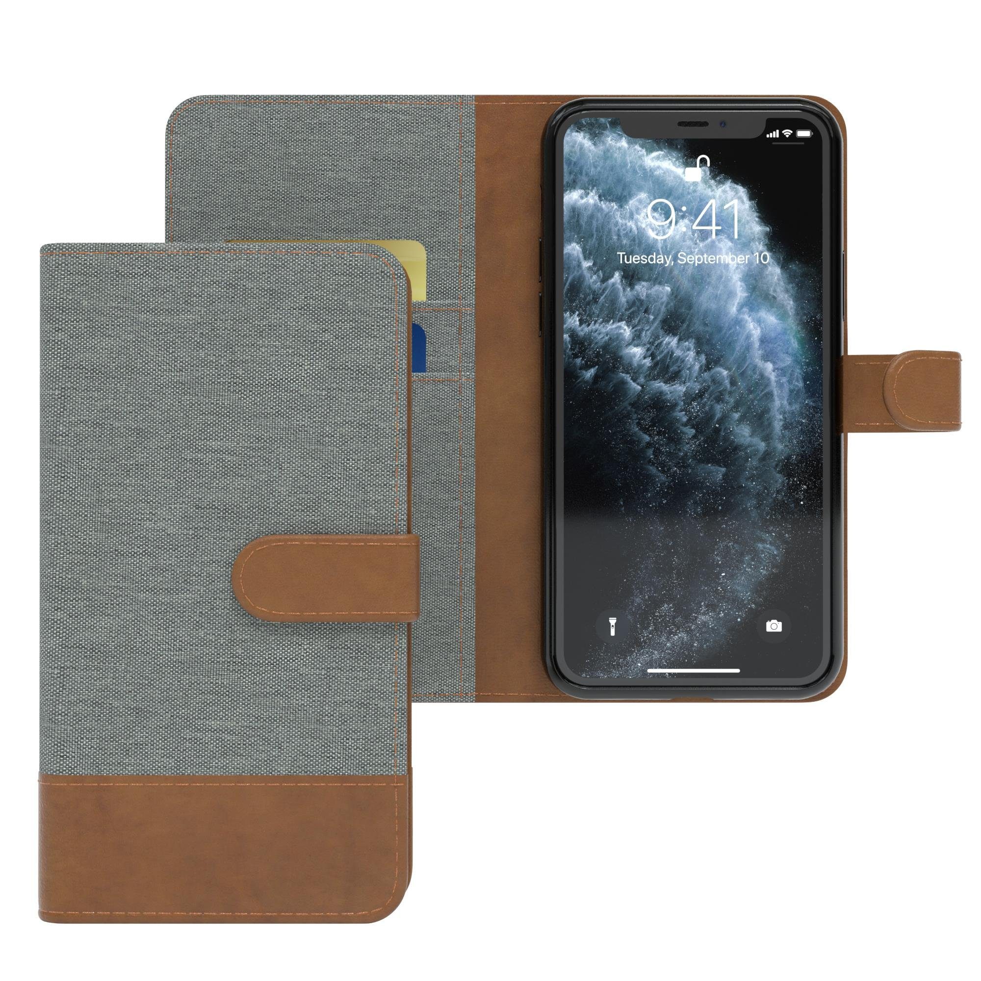 EAZY CASE Handyhülle Bookstyle Jeans für Apple iPhone 11 Pro 5,8 Zoll, Stoff Schutzhülle Kunstledercase mit Kartenfach Klappetui Hell Grau