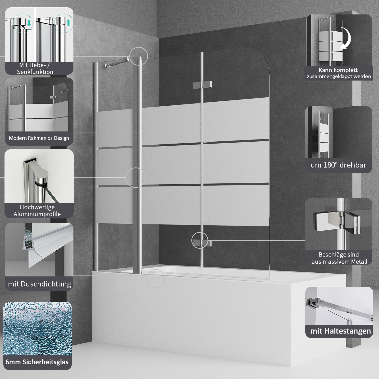 Boromal Badewannenaufsatz 3 teilig Faltwand Duschwand für Badewanne faltbar Badewannenfaltwand, Schwarz Chrom Milchglas Aluprofile, (Badewannenaufsatz Schwarz Weiß Chrom Milchglas, 120x140, 130x140, 140x140, 150x140, 160x140cm), Sicherheitsglas