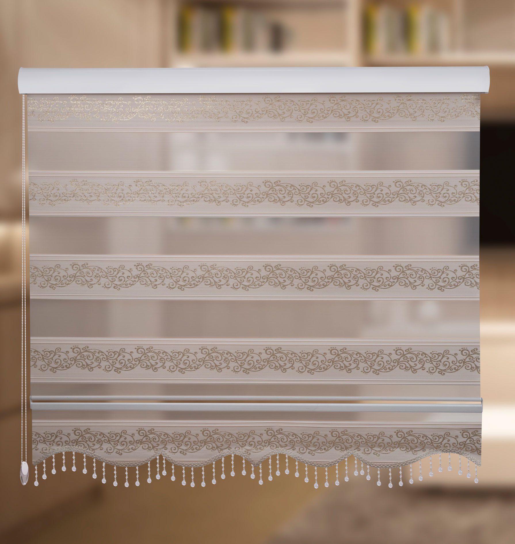 Doppelrollo Duorollo Doppelrollo mit Kassette Rankenmuster und Perlen Höhe: 200 cm, Plisseeonline, blickdicht, Deckenmontage, Freihängend, Deckenmontage mit Clips, Mit Motiv und Alu Kassette in Weiß Gold Schwarz