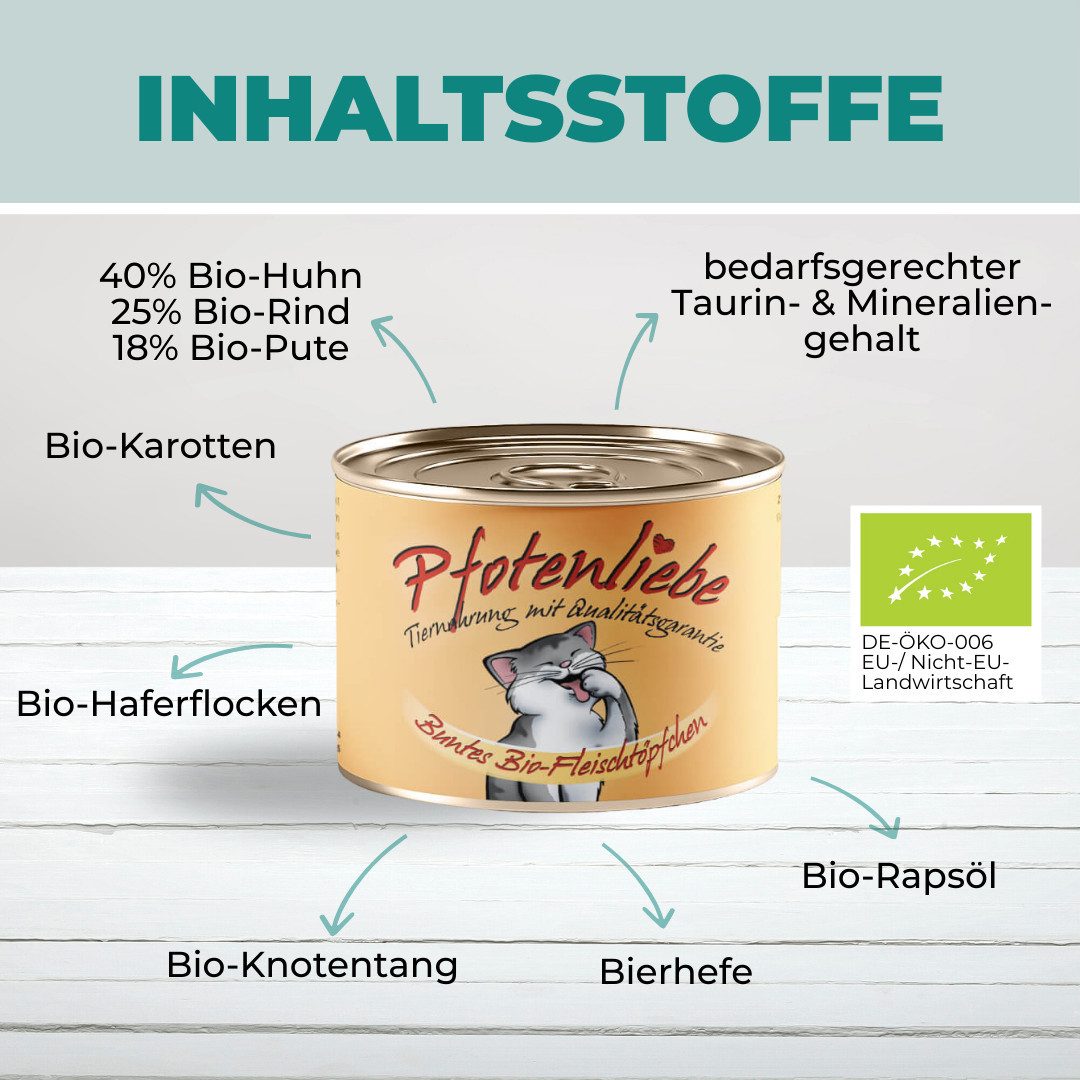 Pfotenliebe Buntes Bio-Fleischtöpfchen 6x100g, Nassfutter für: Katzen