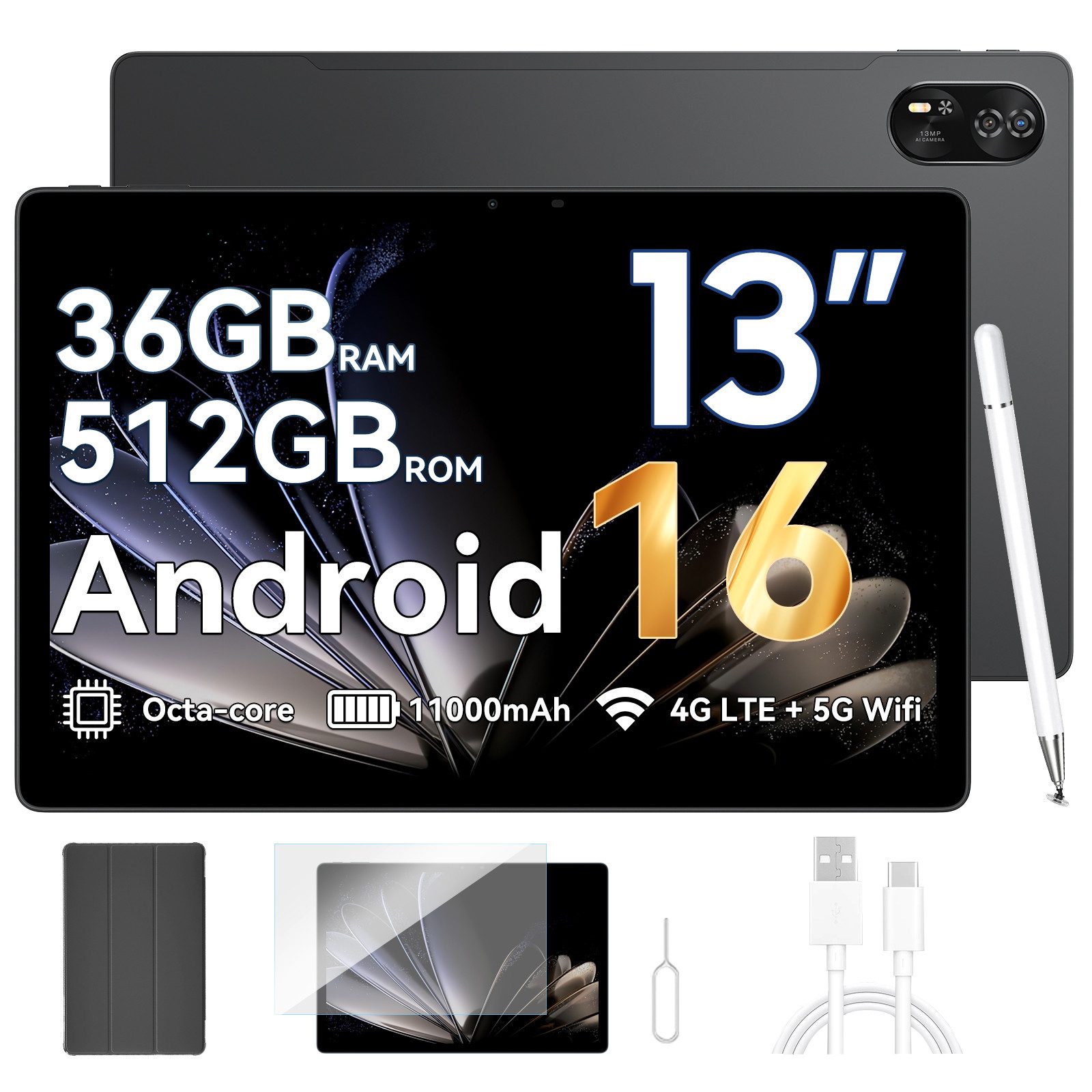 blackview Mega8 13' 4G LTE 12GB+512GB/256GB incl. Stift/Hülle Tablet (13", 512 GB, 4G(LTE), 13 zoll, Android 15, 50MP, 11000mAh, 4G LTE, T620, 512GB)