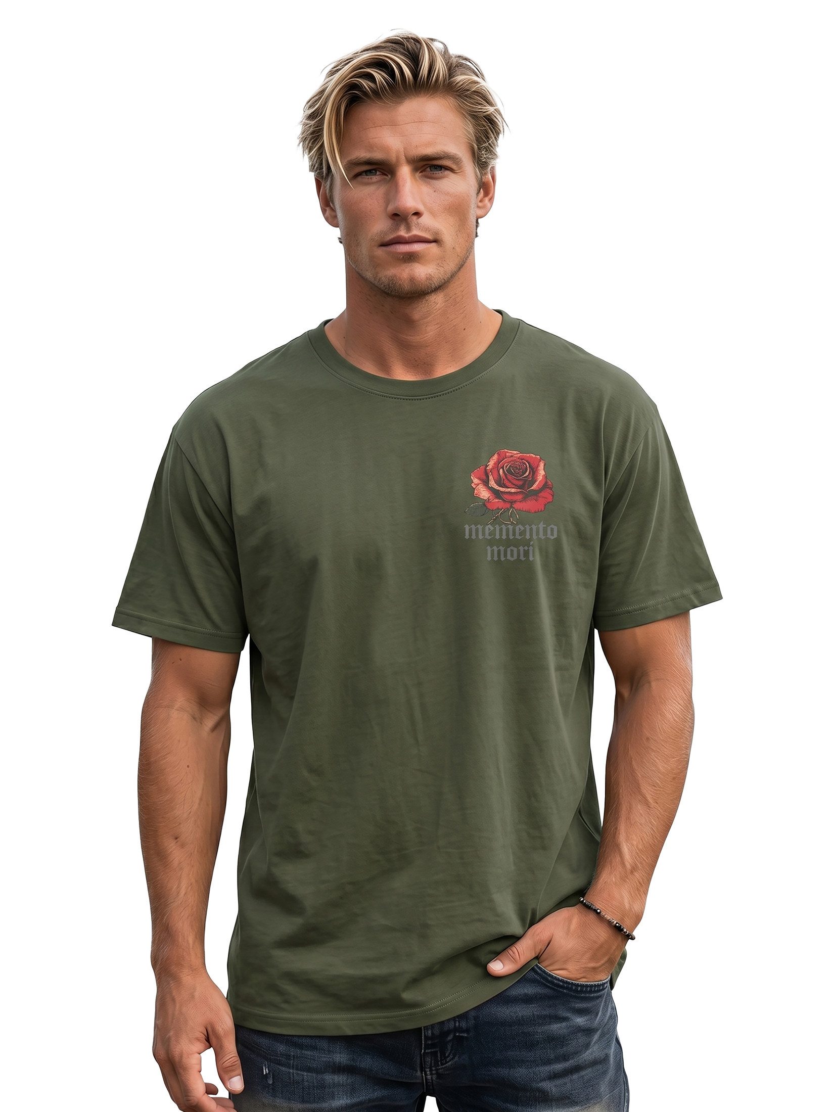 MAKAYA T-Shirt Herrenshirt mit Rose auf der Brust – Geschenk für Männer (Schwarz, Blau, Blaugrau, Grün, S, M, L, XL, XXL, XXXL, XXXXL, XXXXXL) Baumwolle