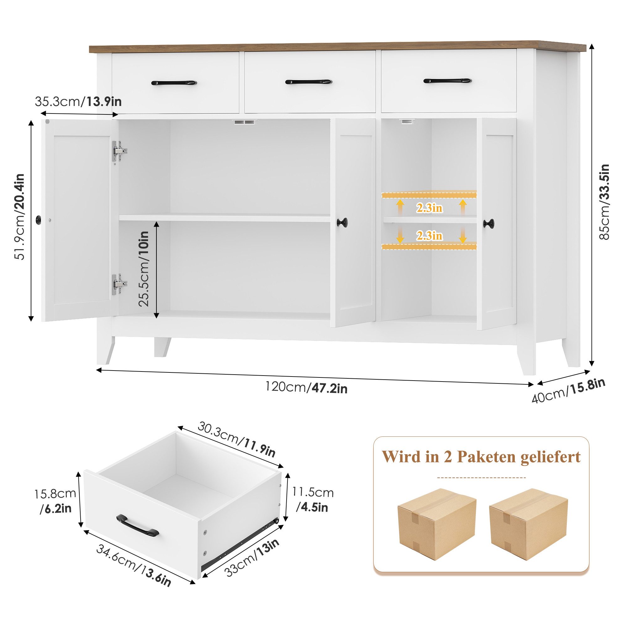 HOMECHO Sideboard, 120 cm Küchenschrank mit verstellbarem Regal, 3 Schubladen