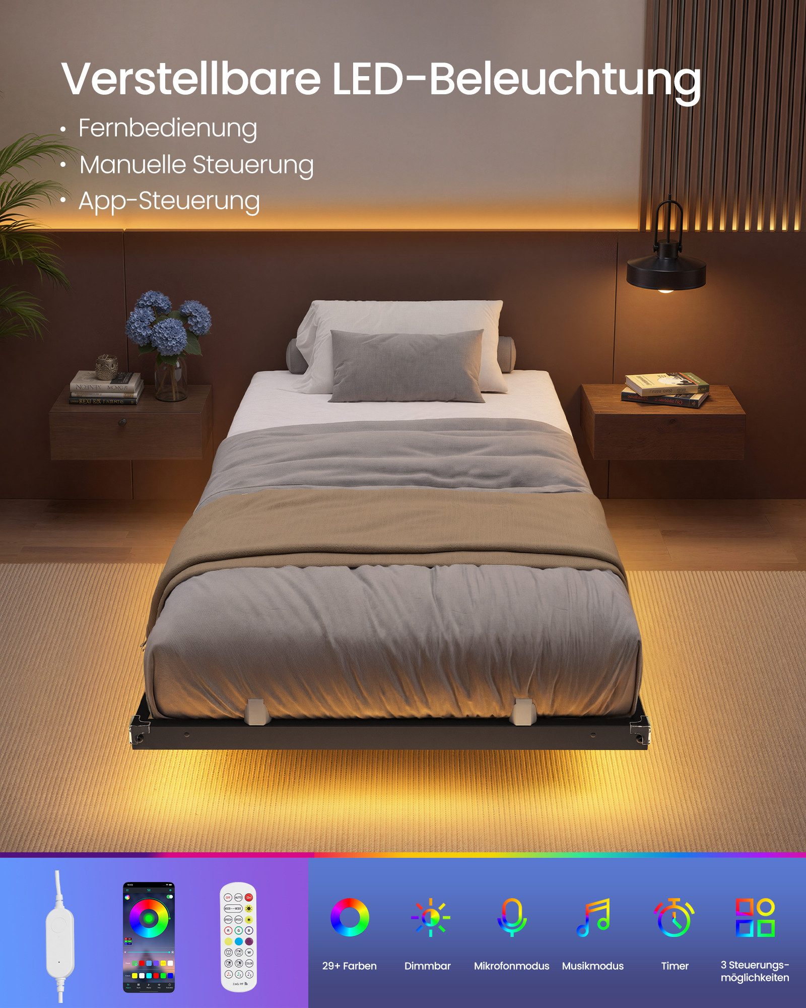 VASAGLE Bettgestell abnehmbare Steckdosenleiste, trägt bis 500 kg, 140 x 200 cm, mit LED-Beleuchtung, USB-C-Anschluss – Bild 4 von 5