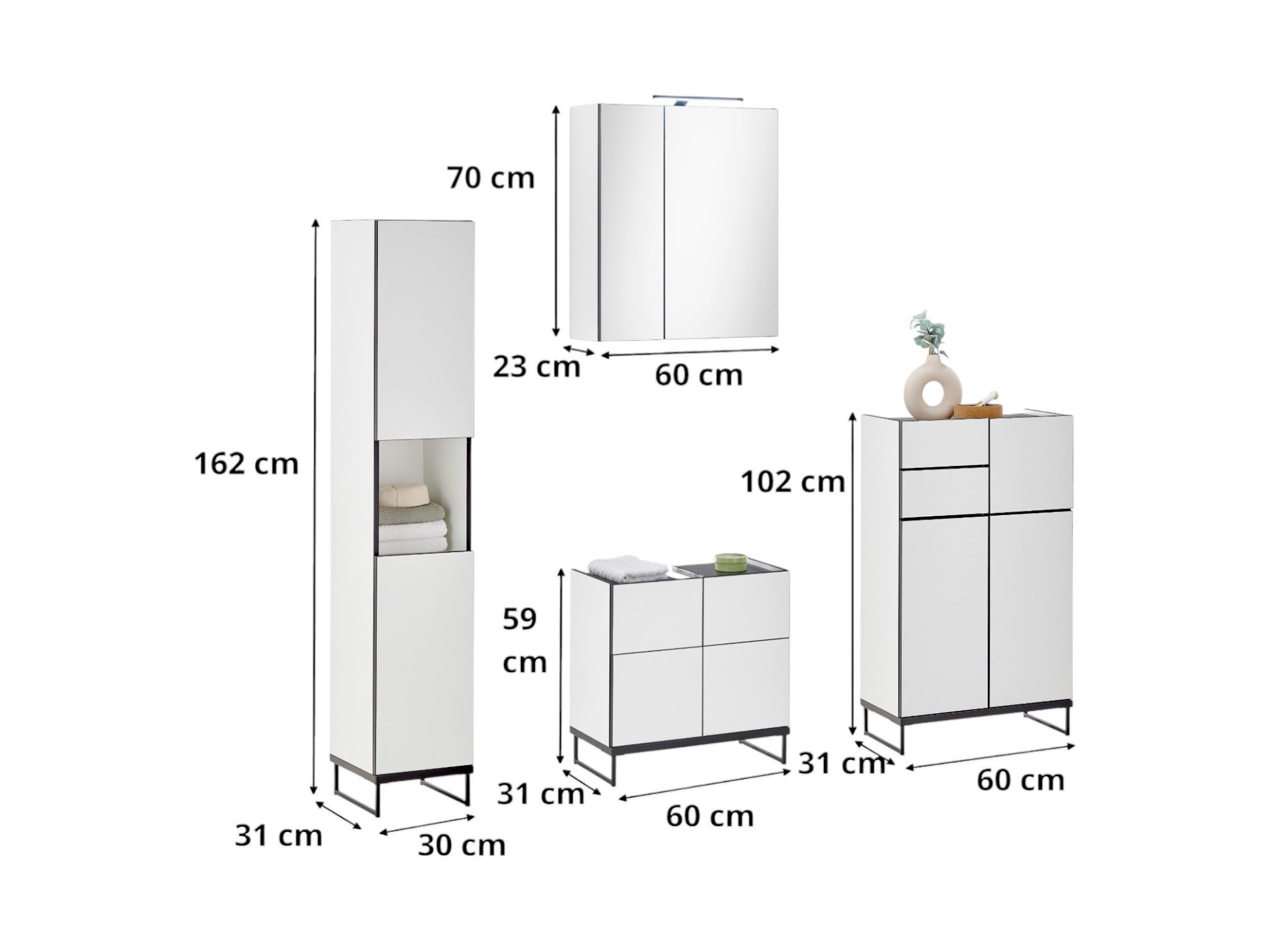 moebel-dich-auf Badmöbel-Set VENEZIA, (Set 1, 4-St., Hochschrank, Spiegelschrank, Waschbeckenunterschrank, Highboard), weiß matt, Absetzung: schwarz