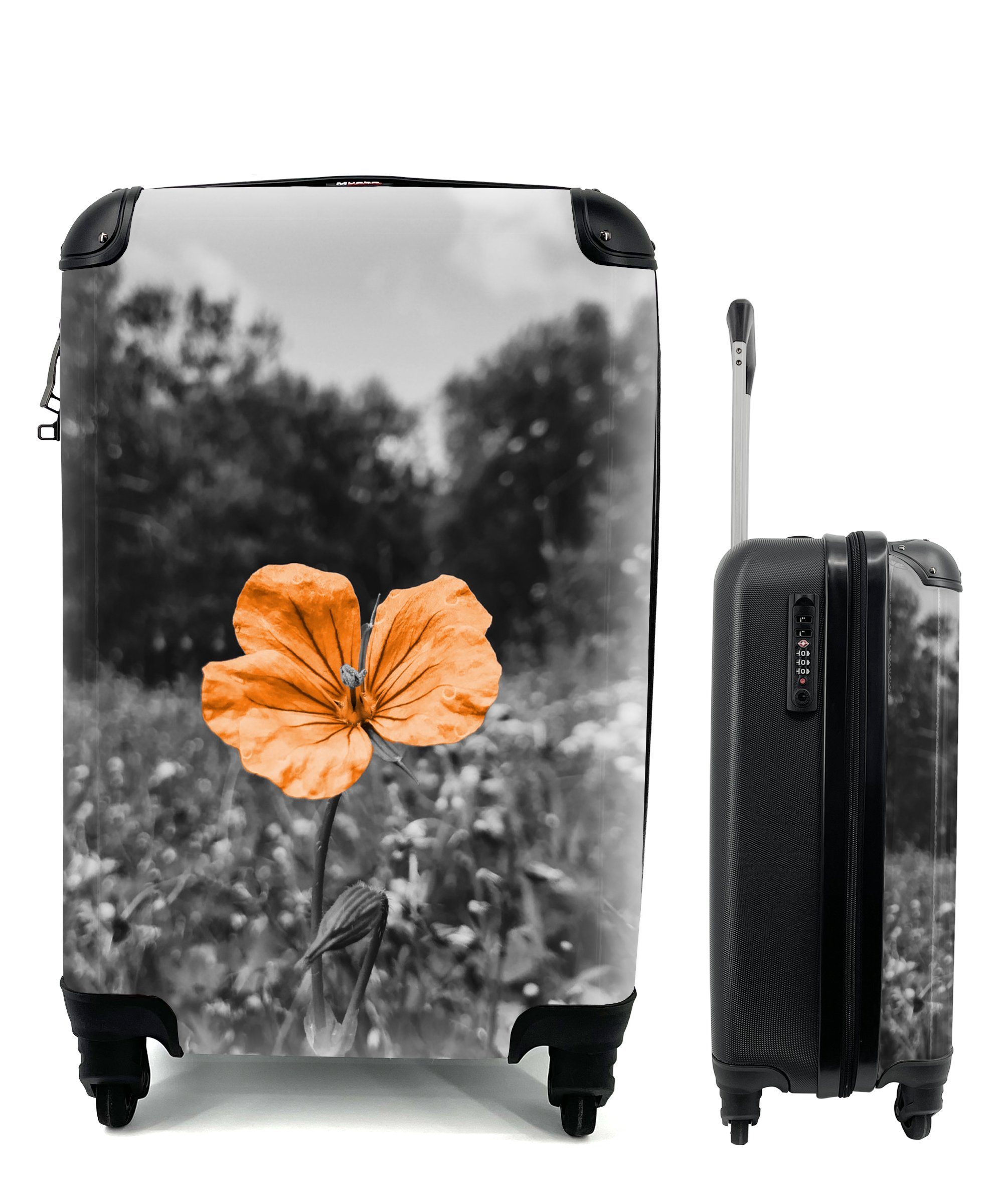 MuchoWow Handgepäckkoffer Blumen - Schwarz - Weiß - Orange, 4 Rollen, Reisetasche mit rollen, Handgepäck für Ferien, Trolley, Reisekoffer