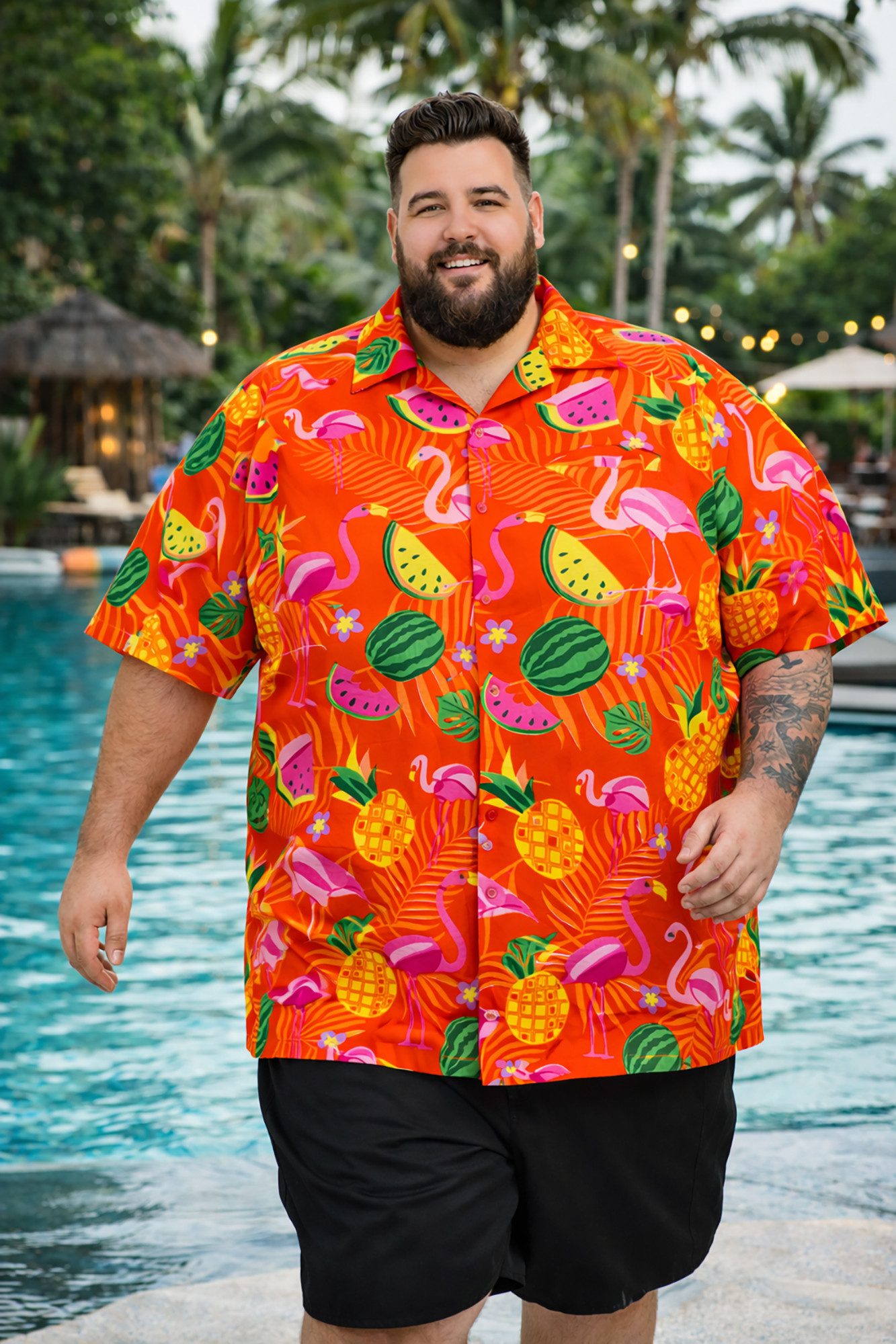 King Kameha Hawaiihemd Flamingo Melone Übergrößen 7XL-12XL Sommerhemd Kurzarm Front-Tasche