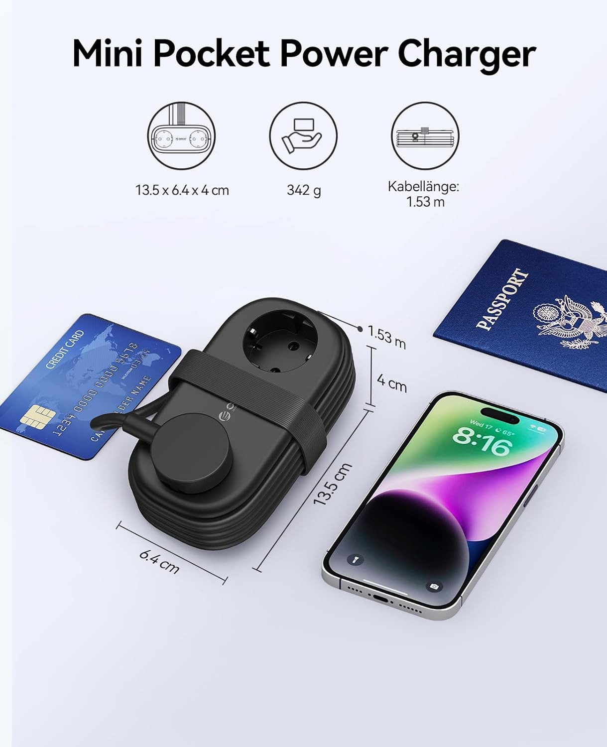 ORICO Steckdose AP3 20W Reisesteckdosenleiste mit USB-C PD, 1,5 m Kabel – kompakt für Reise & Home Office, 1-St., 2 Steckdosen & 3 USB-Anschlüssen, für Haushalt – Bild 4 von 5