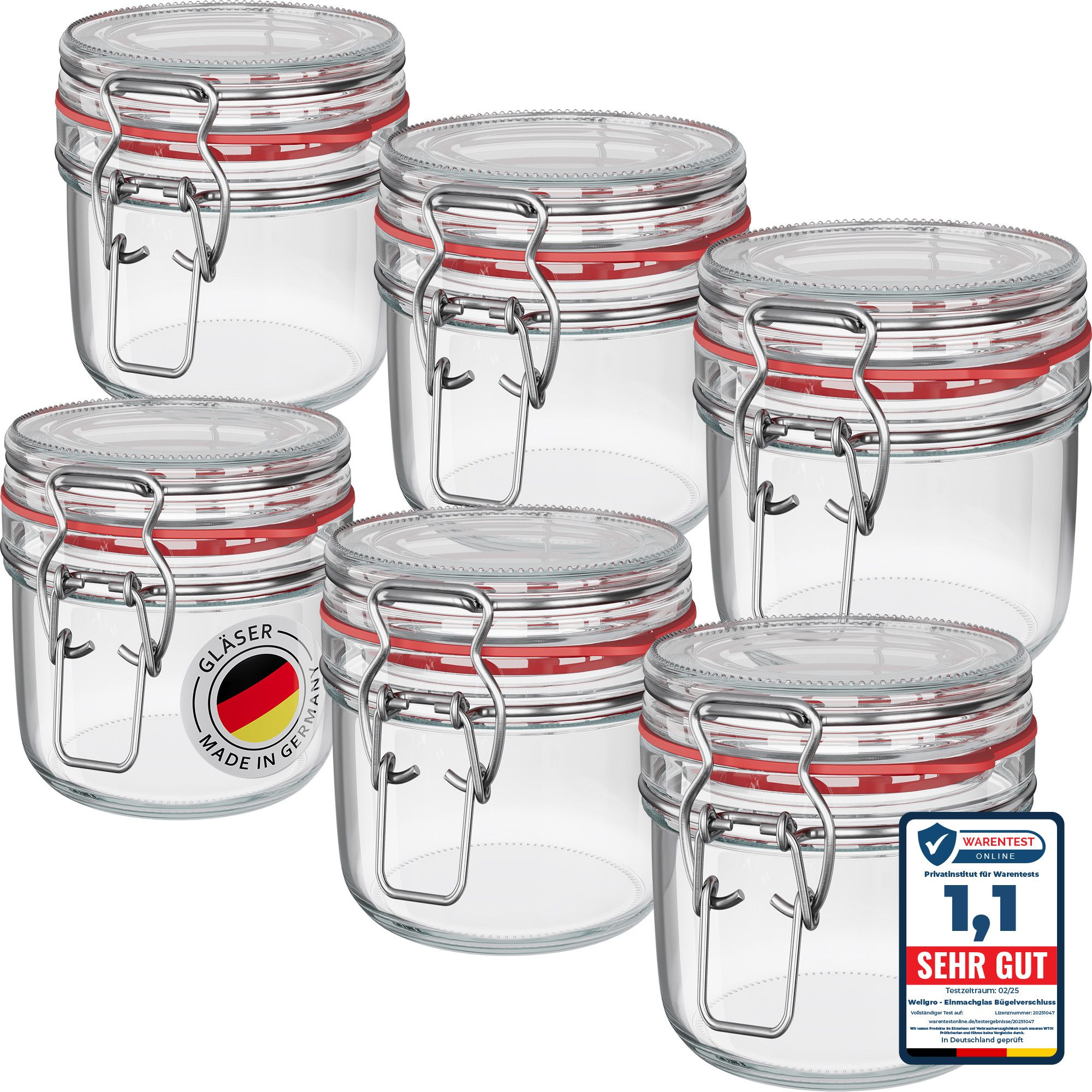 Wellgro Vorratsglas Einmachgläser mit Bügelverschluss rund, Fermentierglas, (6-tlg)