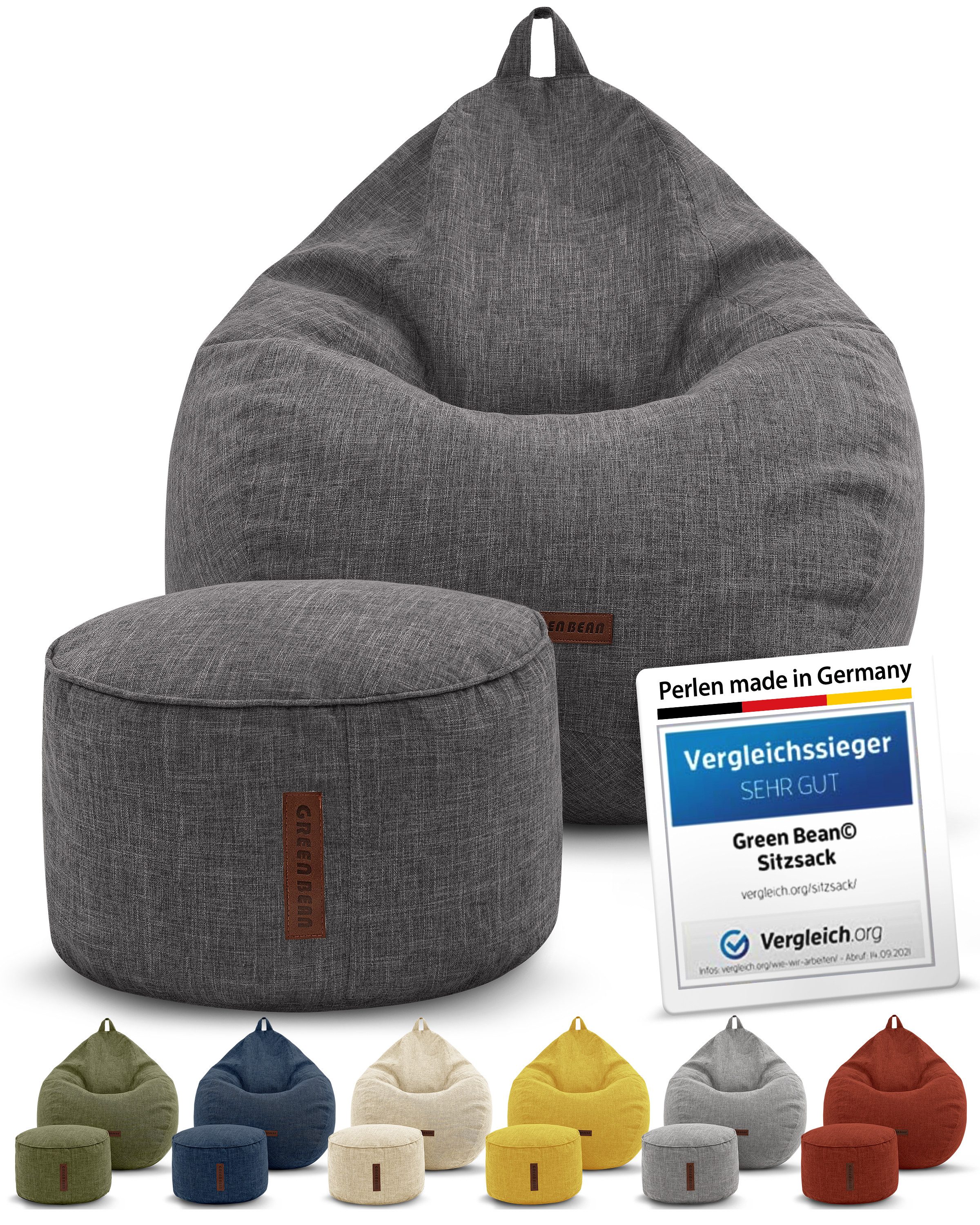 Green Bean Sitzsack Indoor Sitzsack XXL Home Linen +Hocker (2er Set Indoor Sitzsack 80x90x50cm + Sitzpouf 45x25cm mit EPS-Perlen Füllung -, Fußhocker Fußkissen  – Bild 4 von 5