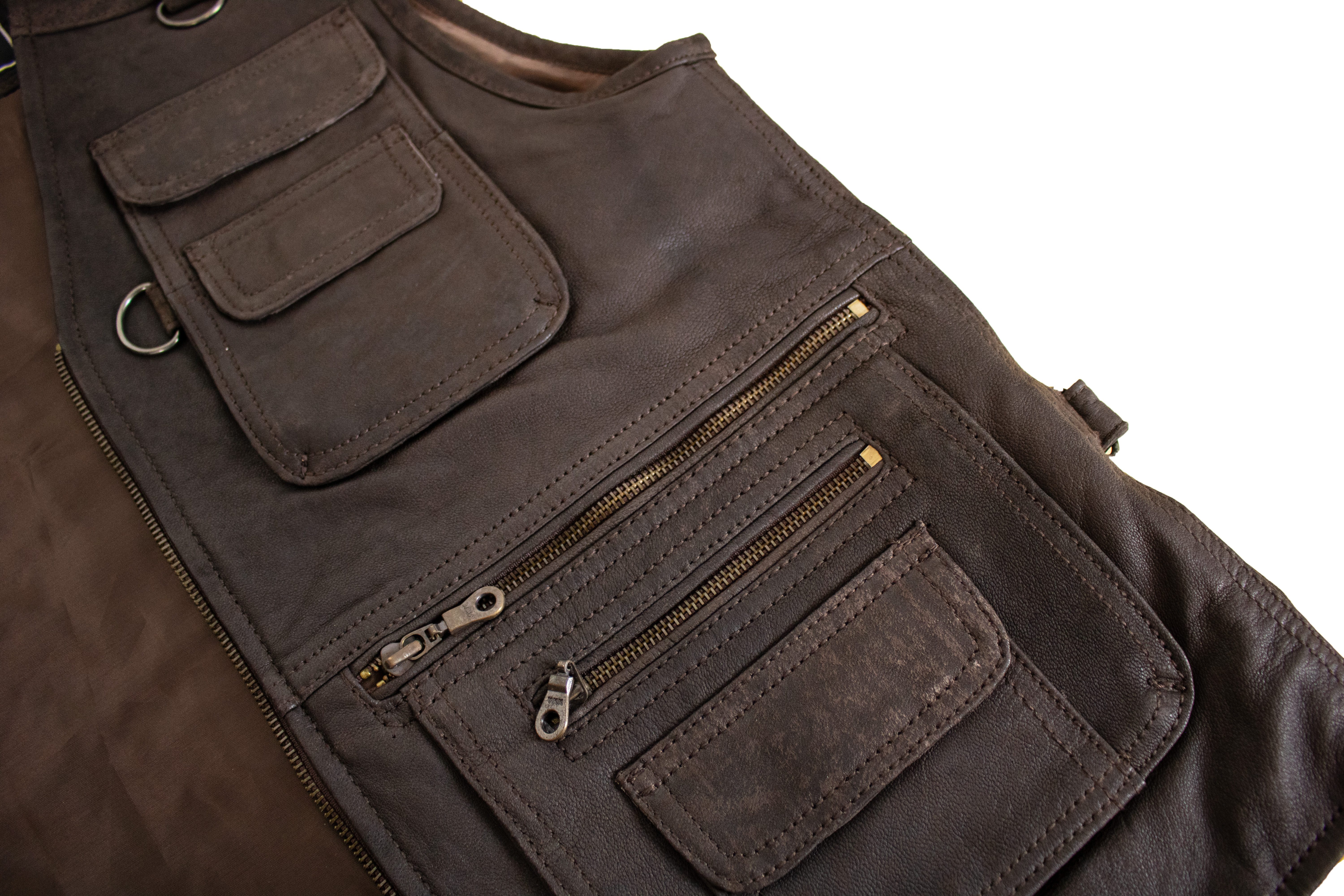 MDM Lederweste Herren Outdoor Jagd Lederweste in Brau Velour Leder Freizeit Lederweste aus Lammnappaleder mit vielen Taschen