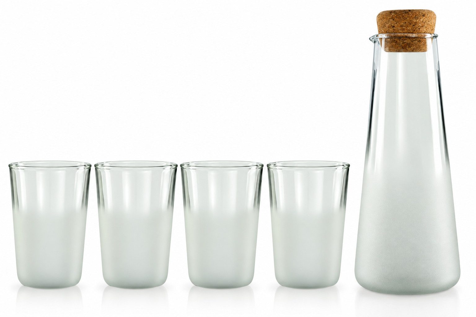 Sendez Tumbler-Glas 4 Trinkgläser + Glaskaraffe mit Korkdeckel Weinkaraffe Saftgläser, 5-tlg., Glas