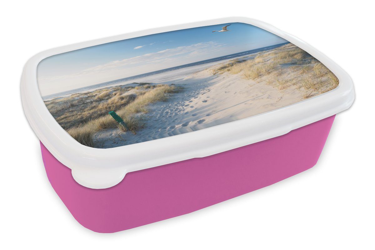MuchoWow Lunchbox Düne - Möwe - Strand - Meer - Sonne, Kunststoff, (2-tlg), Brotbox für Erwachsene, Brotdose Kinder, Snackbox, Mädchen, Kunststoff rosa