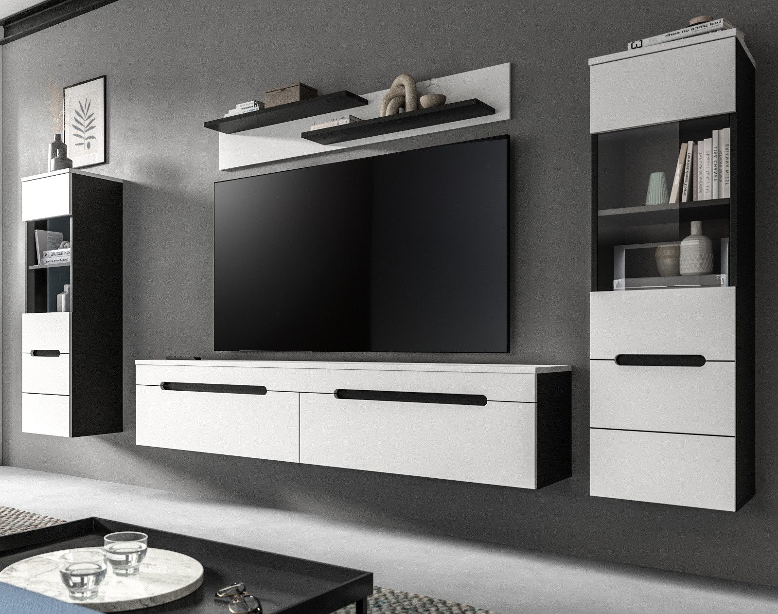 Inn.Furn Wohnwand Cooper, (Wohnkombination in Weiß matt und Basalt Grau, hängend oder stehend, Breite ca. 270 cm), mit Soft-Close