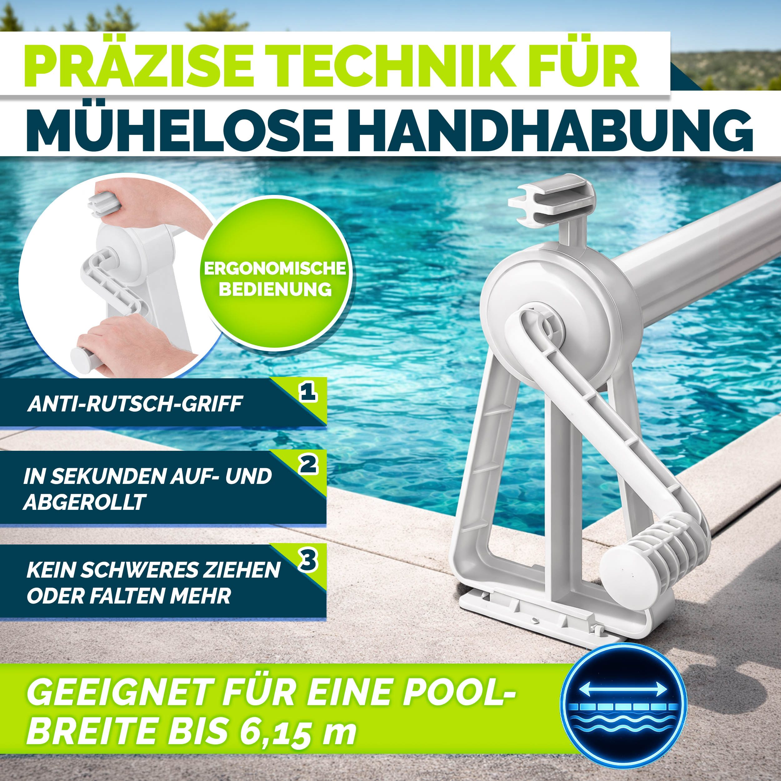 tillvex Pool-Abdeckplane Pool Aufroller 1,05-6,15 m Aufrollsystem Solarplane inkl. Thermometer, Aufrollvorrichtung für Poolplane & Abdeckung, inkl. Bänder