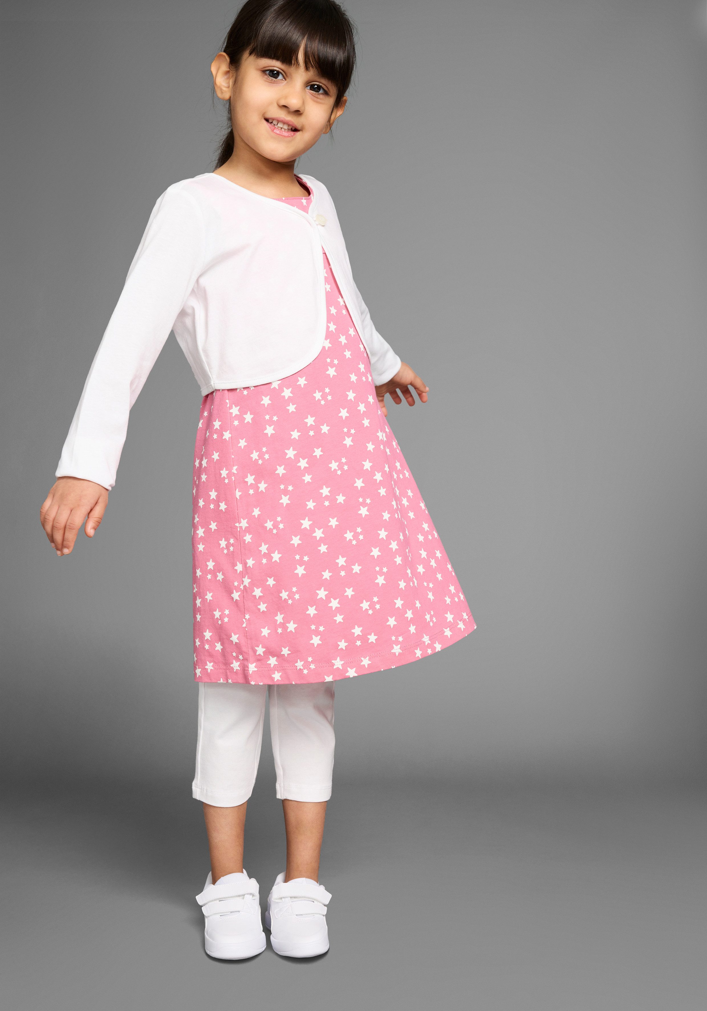 KIDSWORLD Bolero, Kleid & Leggings 3tlg. Set, Komplett Outfit mit Sternenmuster (Set, 3-tlg., 3) mit niedlicher Bolero-Jacke