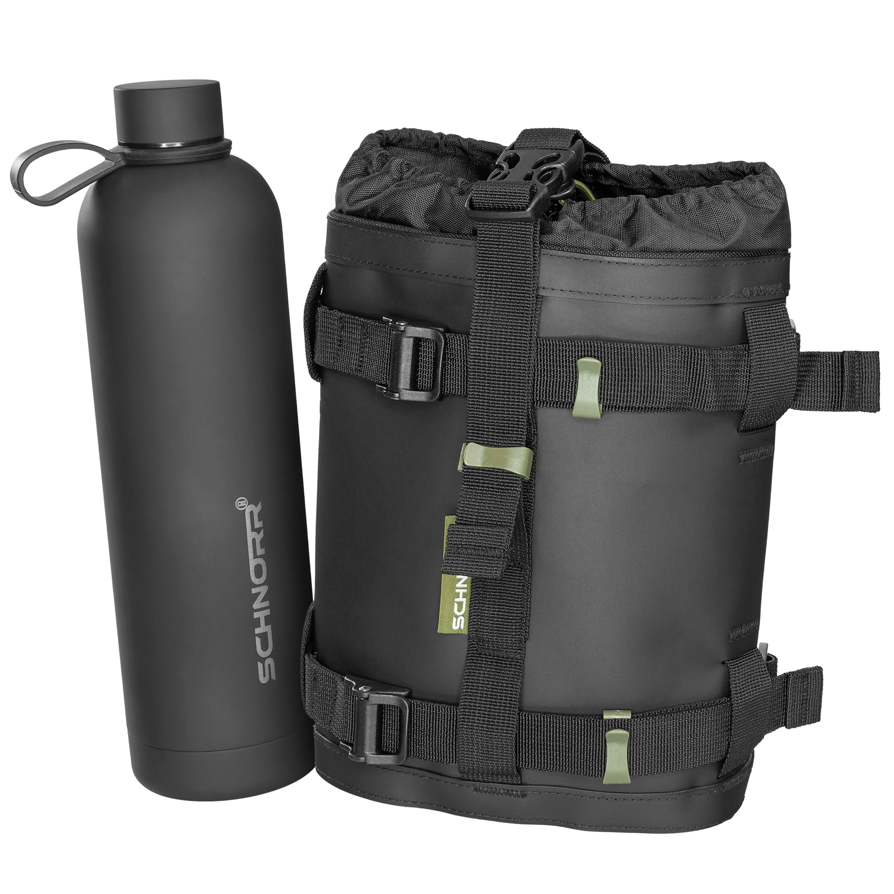 SCHNORR Gepäckträgertasche Motorrad Flaschenhalter Universal inkl. 1L Edelstahl Thermosflasche, S