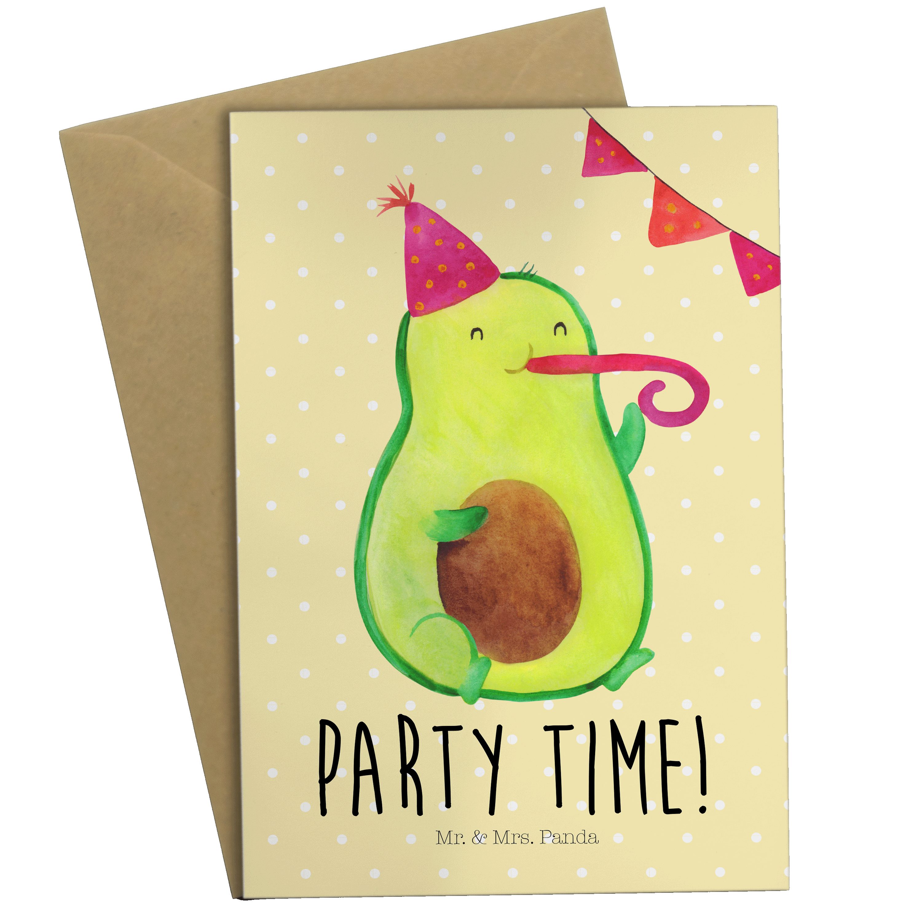 Mr. & Mrs. Panda Grußkarte Avocado Party Time - Gelb Pastell - Geschenk, Abifeier, Vegan, Glückw | Grußkarten
