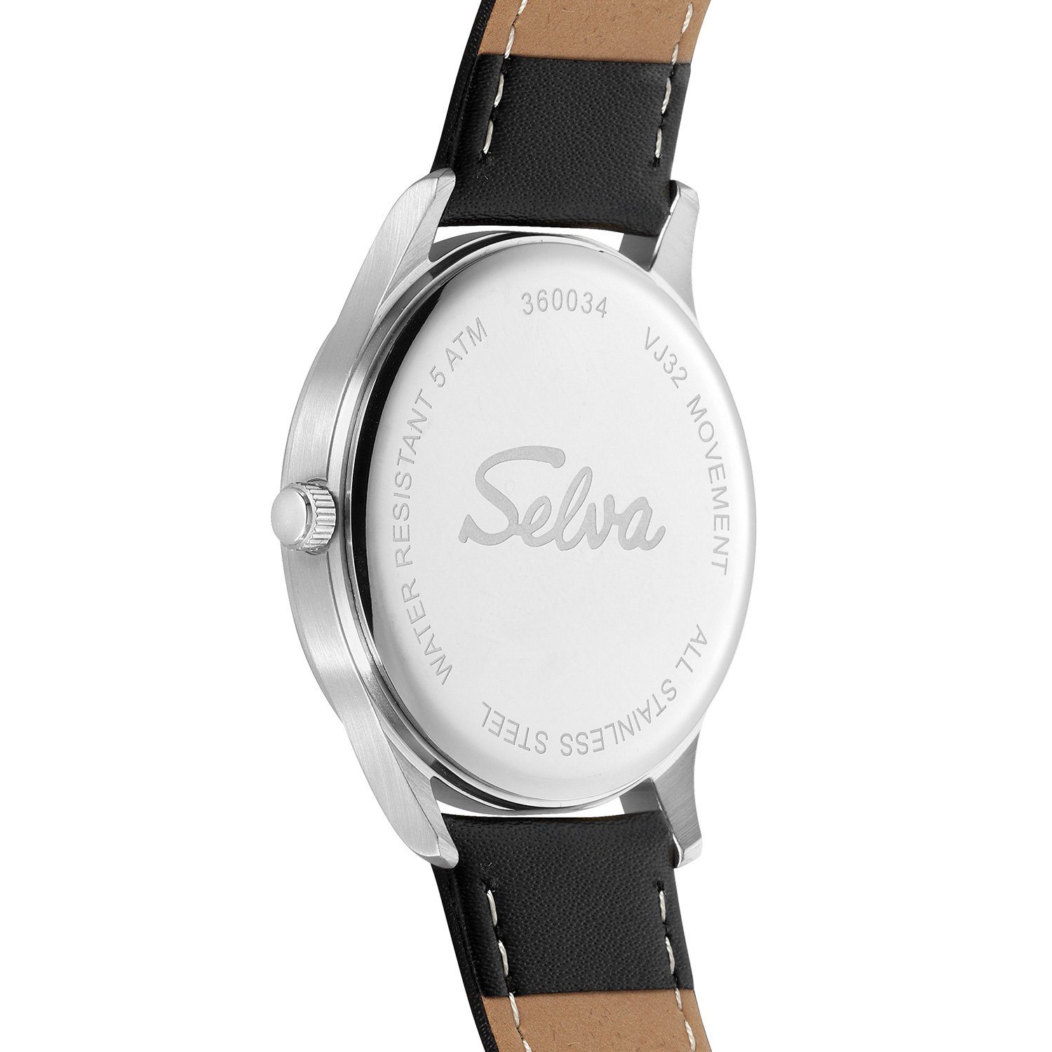 Selva Technik Quarzuhr SELVA Quarz-Armbanduhr mit Lederband Zifferblatt weiß, Gehäuse Ø 39mm