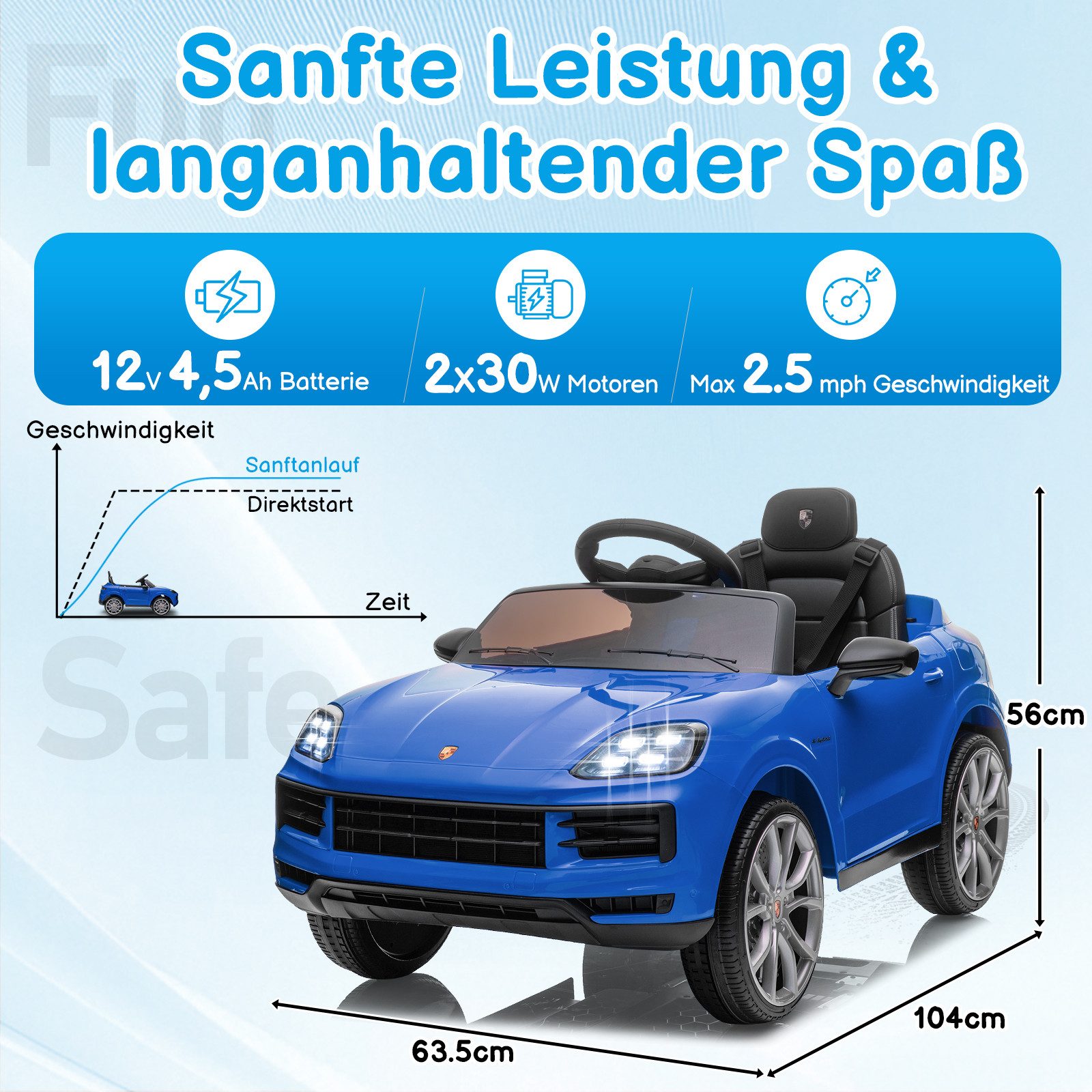 LALAHO Elektro-Kinderauto Kinder Elektroauto Porsche Cayenne Geländewagen Fernsteuerung, 2,4G-Fernbedienung, mit MP3, Musik, Hupe, LED-Leuchten
