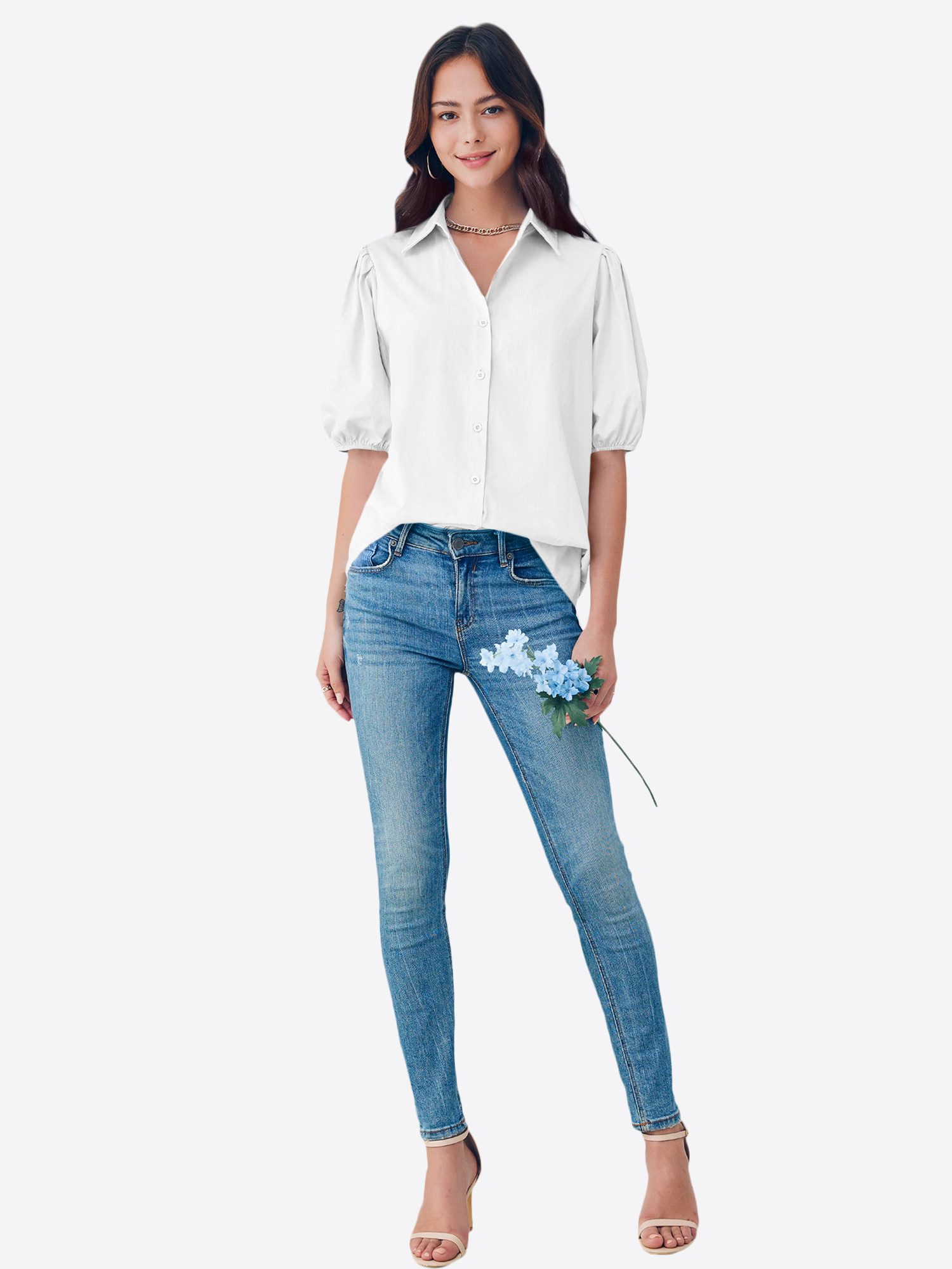 Imily Bela Kurzarmshirt Damen Freizeitbluse mit Puffärmeln (Packung, 1-tlg., 1per-Pack) Reverskragen