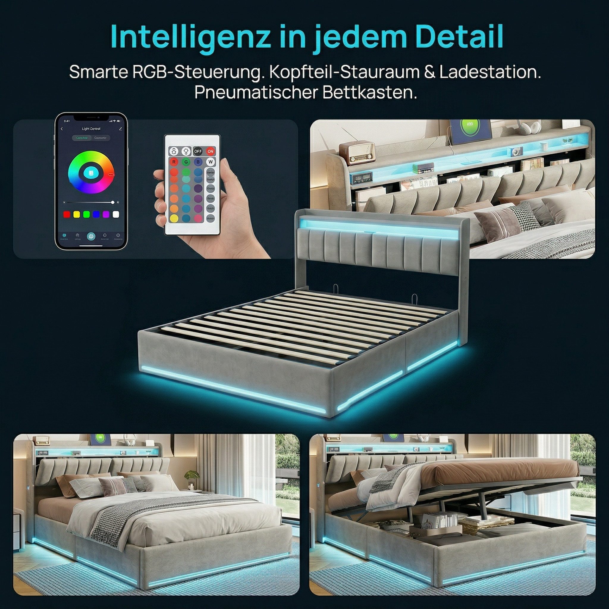 PXloue Polsterbett LED Doppelbett, Bettkasten, Ladefunktion, Samt, 140x200 cm