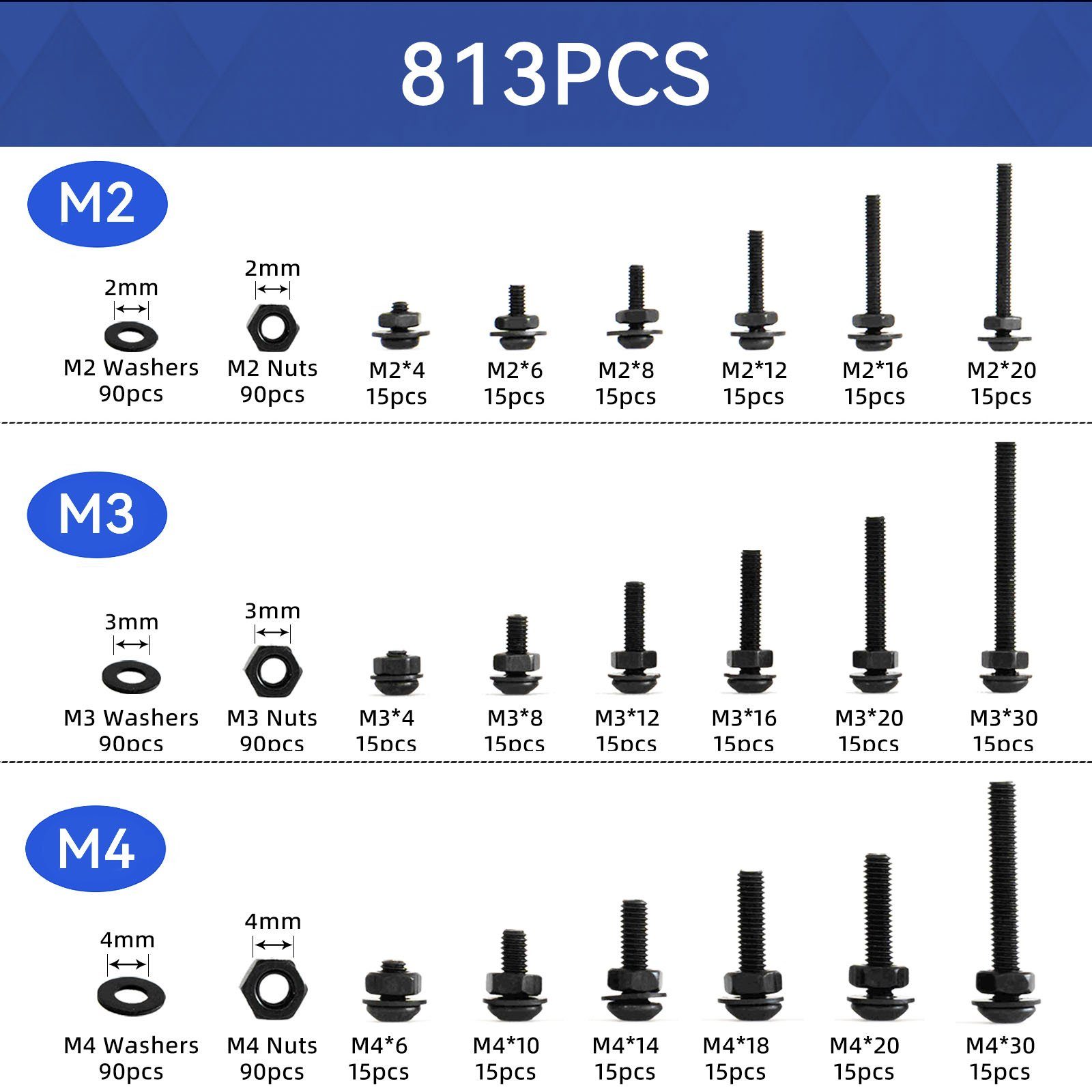 style home Schrauben-Set 813pcs M2 M3 M4 Innensechskant, (813 St), Linsenschrauben Set Kohlenstoffstahl, Schwarz