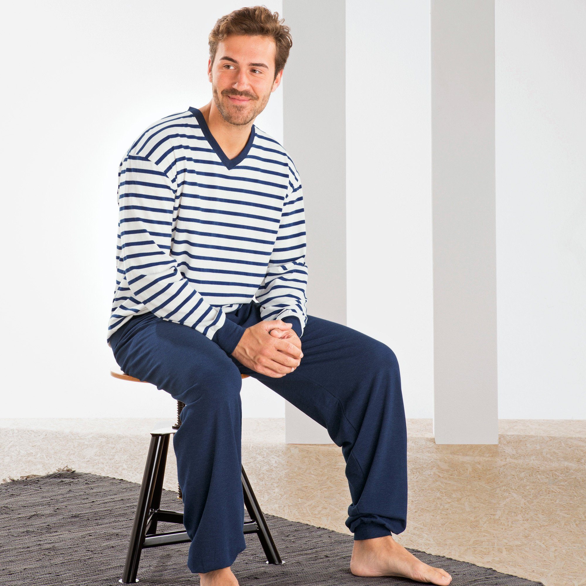 Wäsche/Bademode Nachtwäsche Erwin Müller Pyjama Herren-Schlafanzug Single-Jersey Streifen