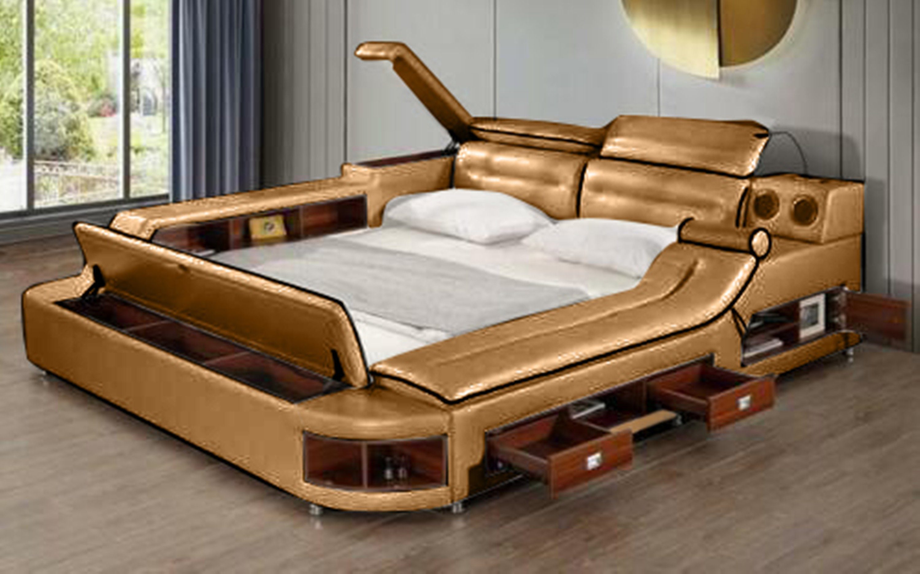 JVmoebel Bett Luxus Bett Leder Betten 180x200 Multifunktion Schlafzimmer Sofort (Multifunktionbett), Made in Europa