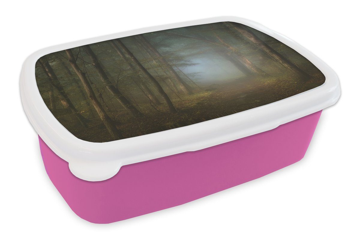 Kunststoff für Waldwege, mit Kinder, Lunchbox Kunststoff, Brotbox - Weg Wald Winter - Bäumen rosa Snackbox, Brotdose Mädchen, Nebel - MuchoWow (2-tlg), Erwachsene, -