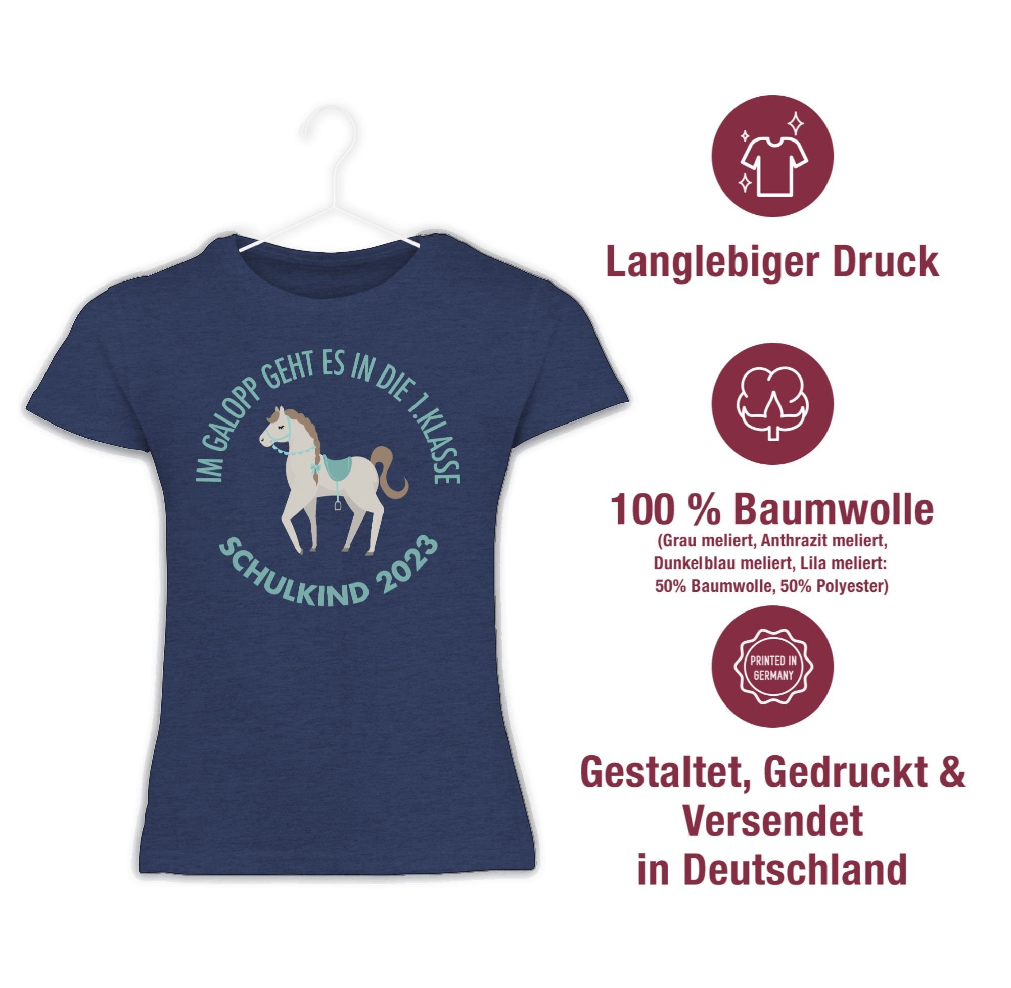 2023 Meliert Im Schulkind Dunkelblau Mädchen T-Shirt Galopp Einschulung 3 Shirtracer