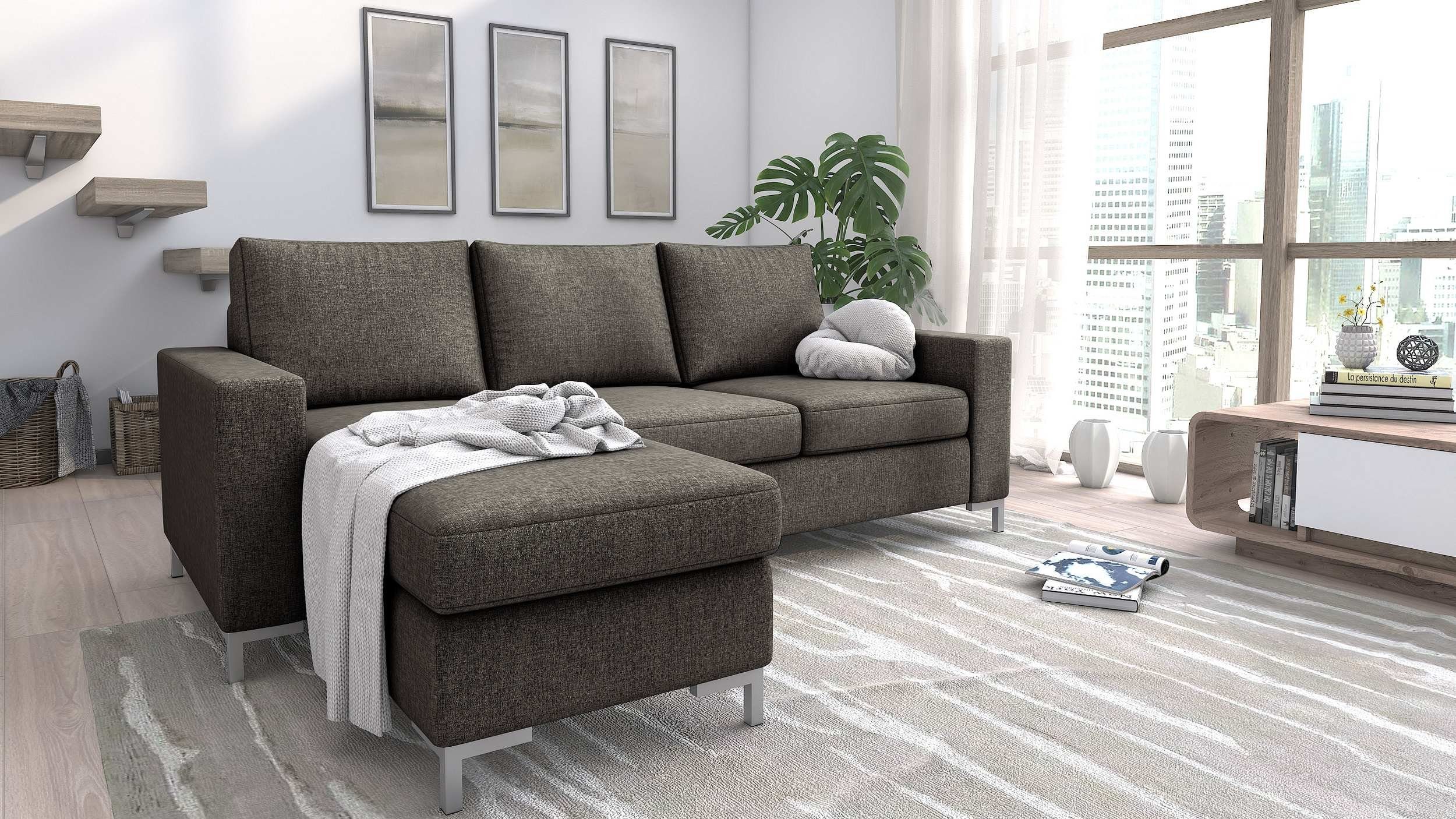 Stylefy Ecksofa Eli, L-Form, Eckcouch, mit Hocker, mane links oder rechts bestellbar, frei im Raum stellbar, Modern Design, Sitzkomfort, mit Armlehnen und Rückenlehne